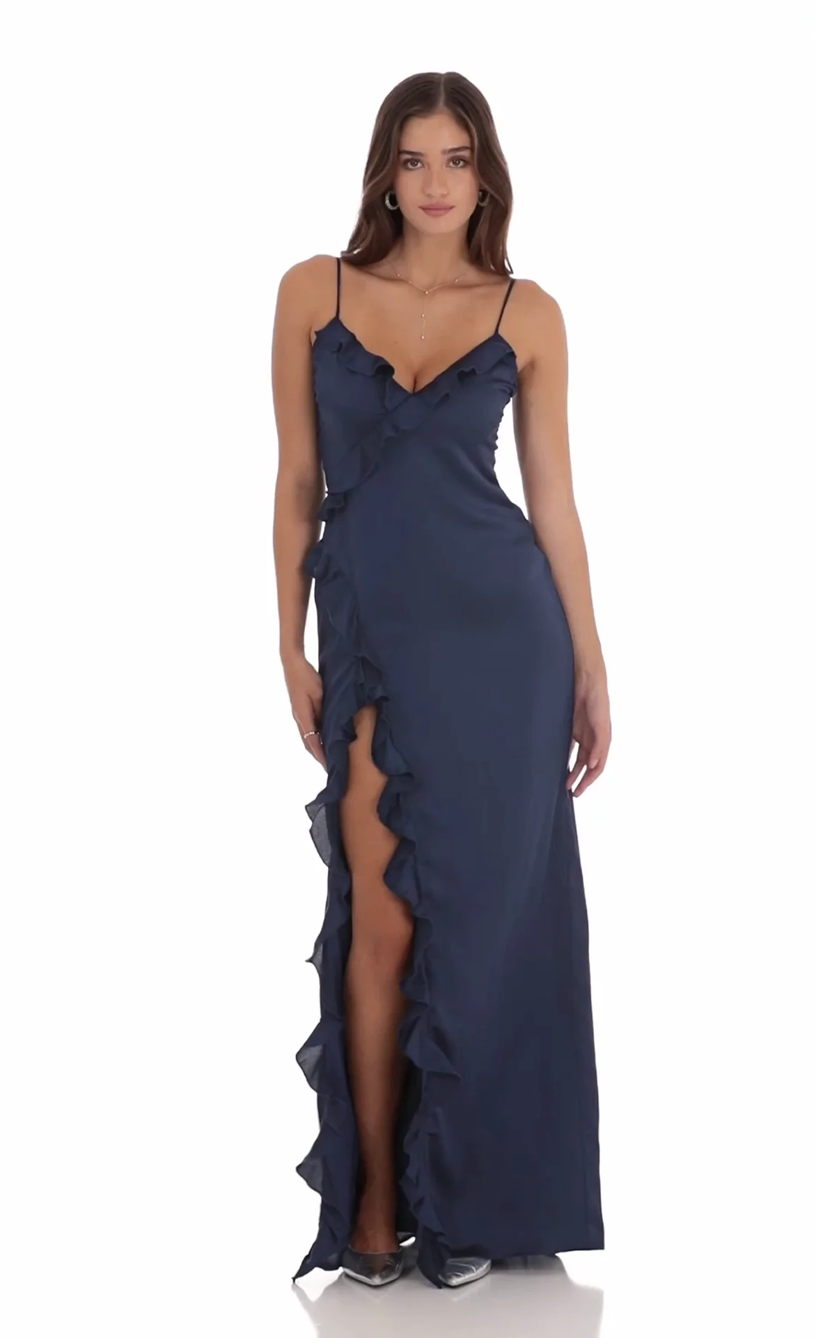 Ruffle V-Neck Maxi Dress in Navy