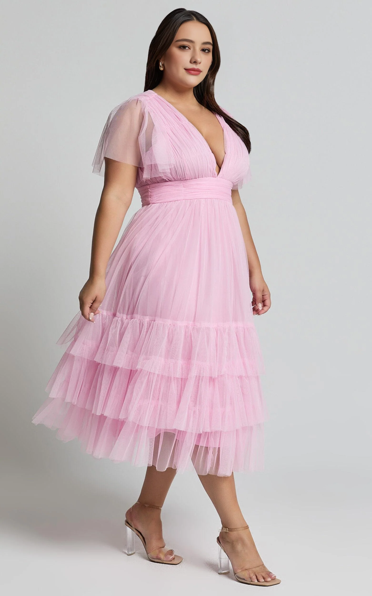 Flutter Sleeve Tulle Plunge Midi Dress in Ballet Pink