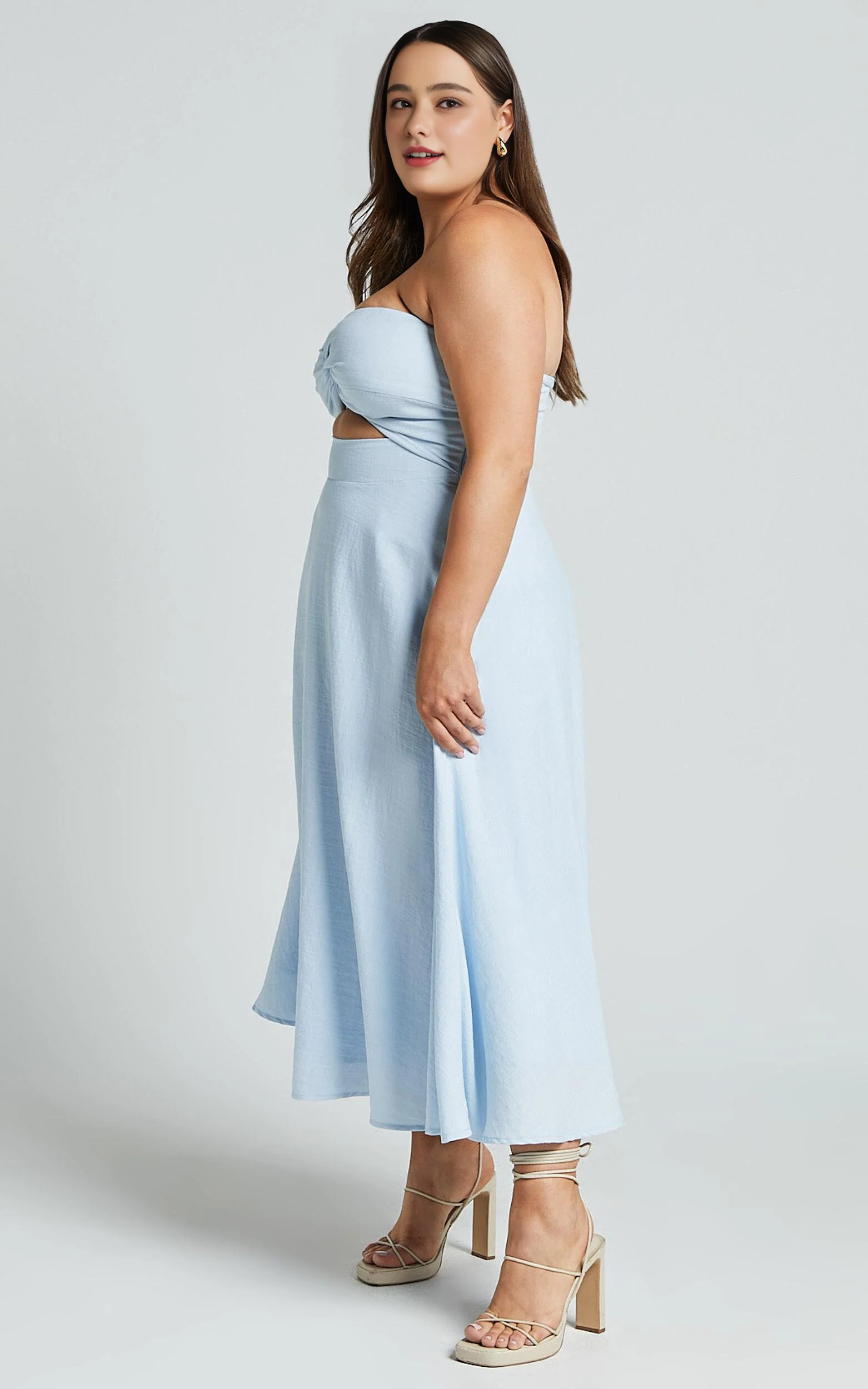 Twist Strapless Cocktail Midi Dress in Ice Blue
