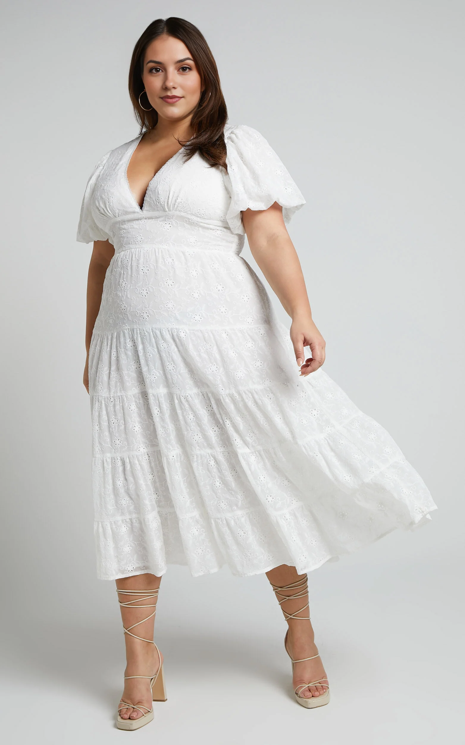 Divora Midi Dress – Ivory Tiered A-Line Dress with Plunge Neck & Balloon Sleeves