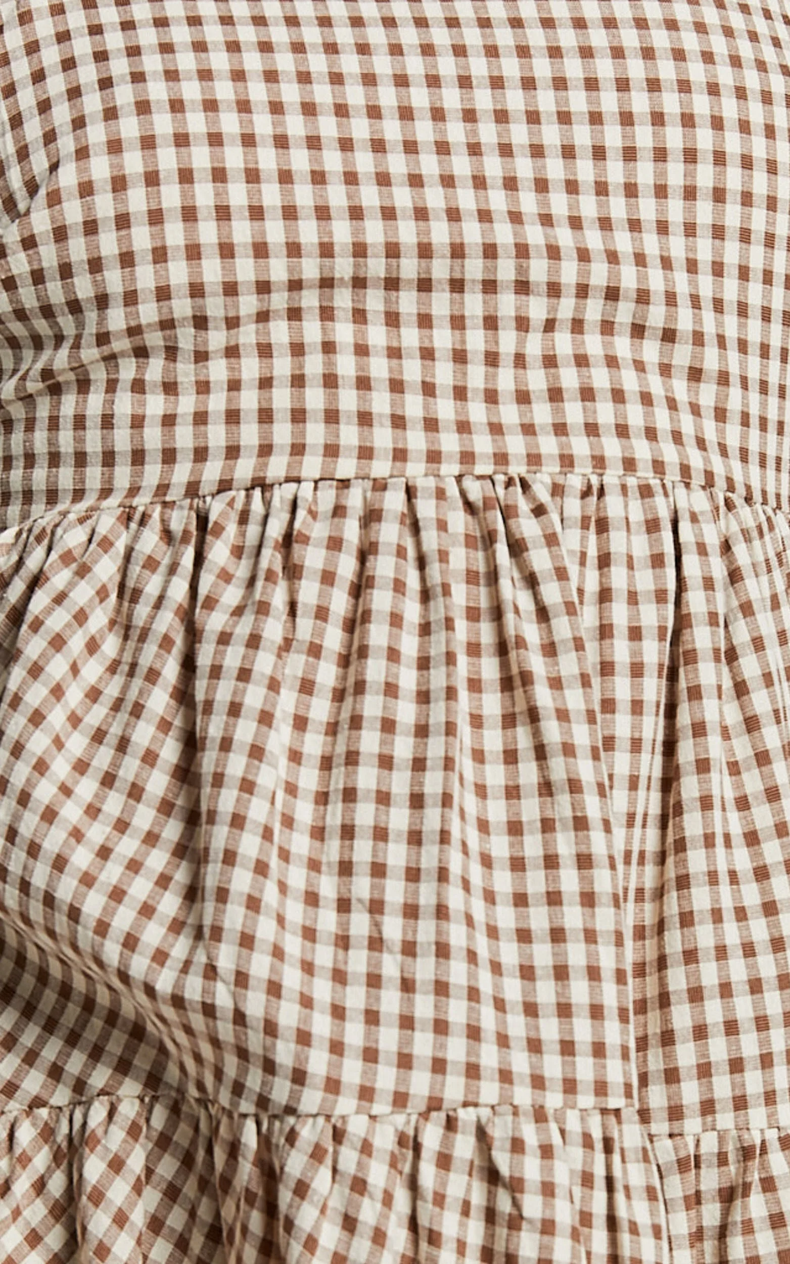 Lorelle Mini Dress – Brown Gingham Tiered Sleeveless Dress with Straight Neckline