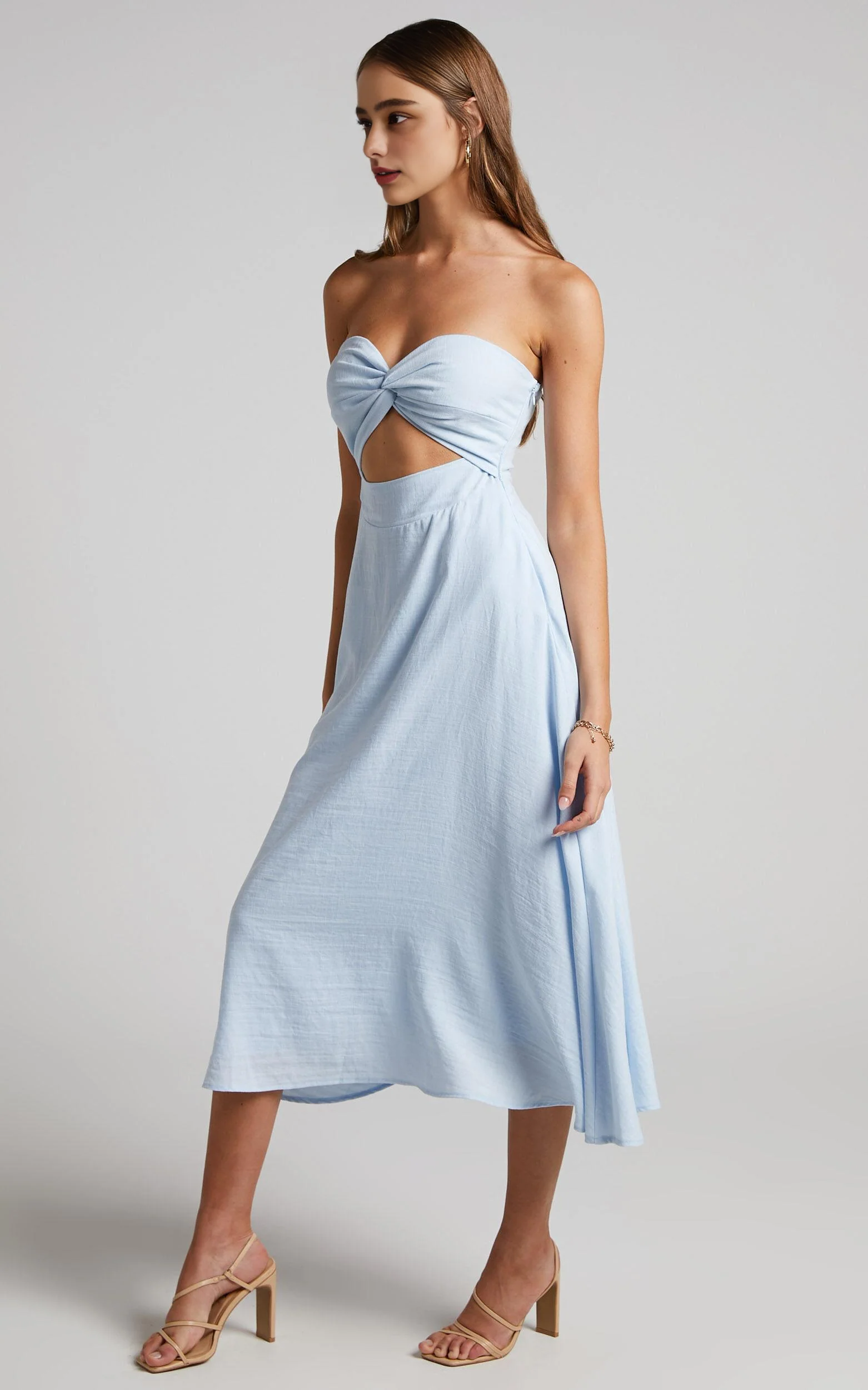 Twist Strapless Cocktail Midi Dress in Ice Blue