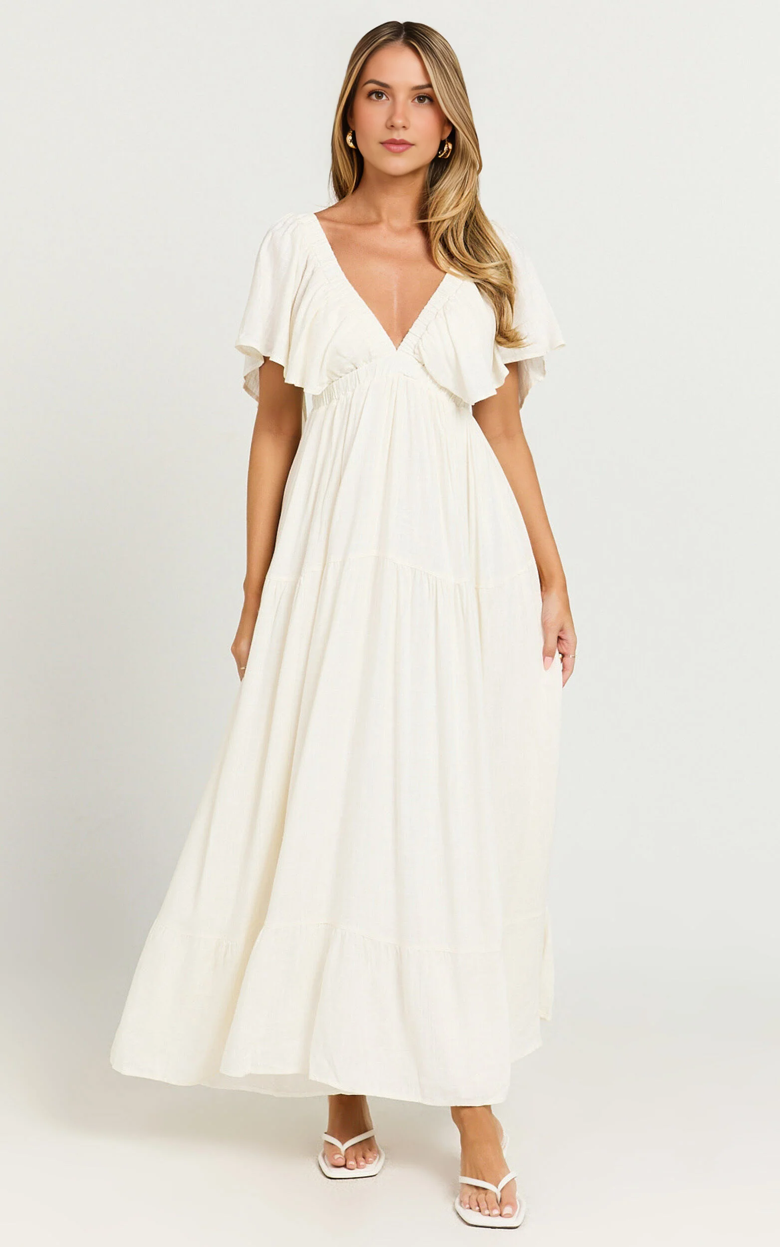 Lyrad Midi Dress – White Linen-Feel Empire Waist Textured Dress