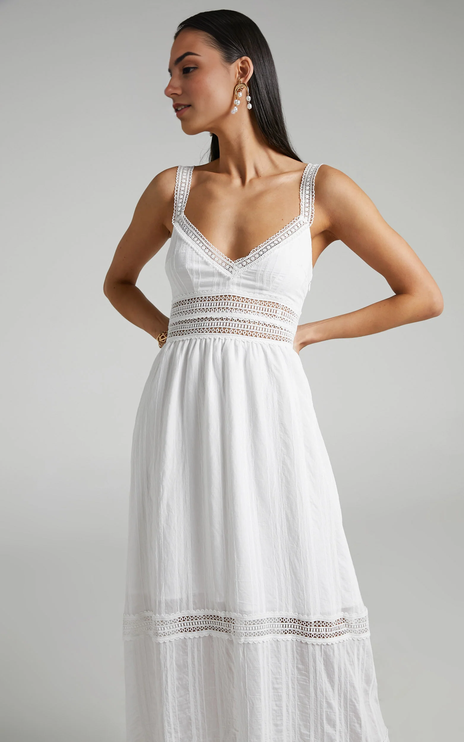 Angelique Maxi Dress – White Lace Trimmed Tiered Maxi with Textured Finish