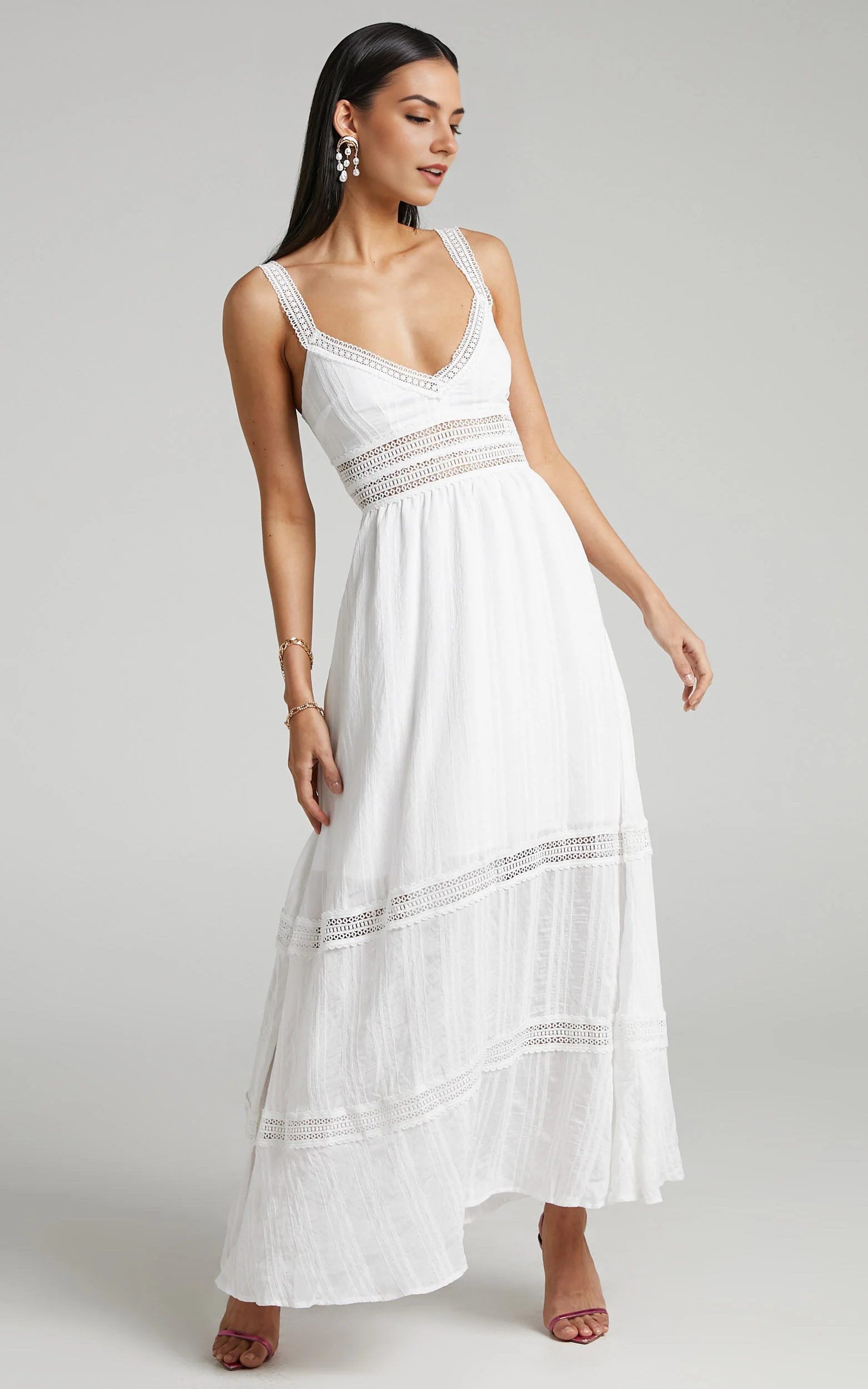 Angelique Maxi Dress – White Lace Trimmed Tiered Maxi with Textured Finish