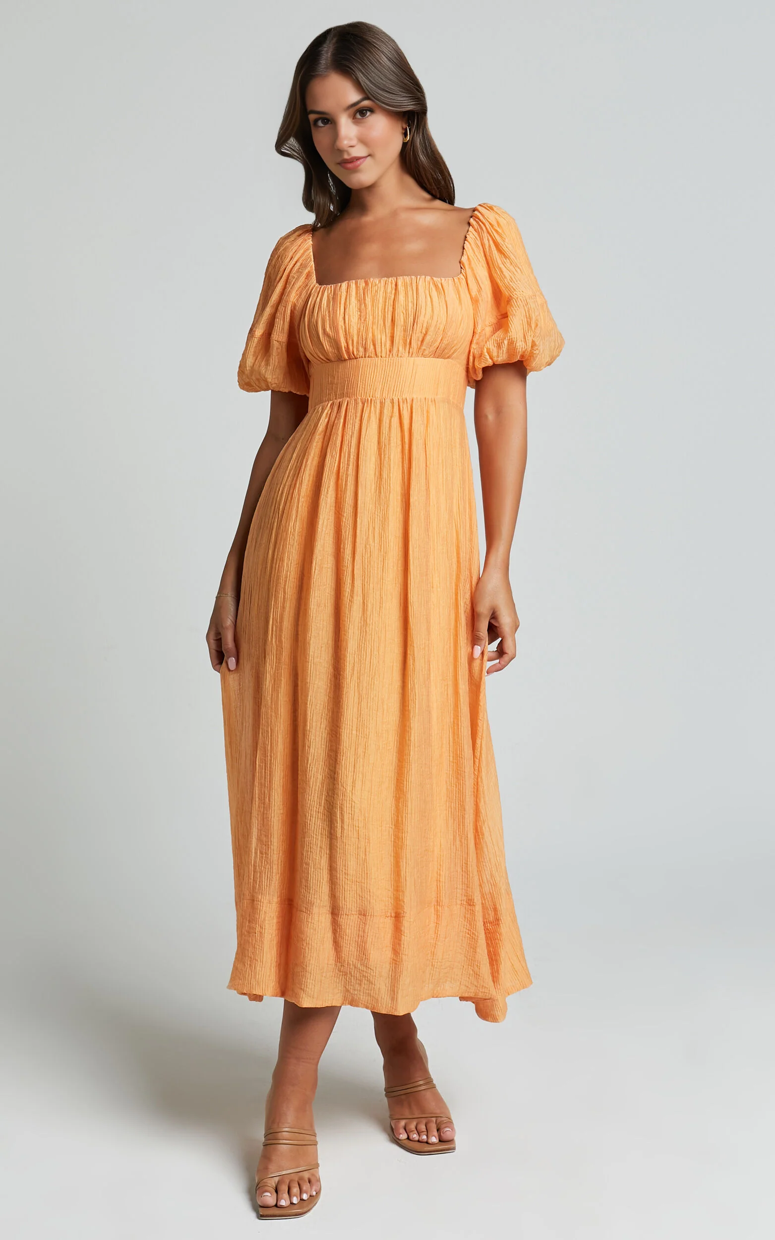 Roshina Midi Dress – Puff Sleeve Straight Neck Dress in Vibrant Orange
