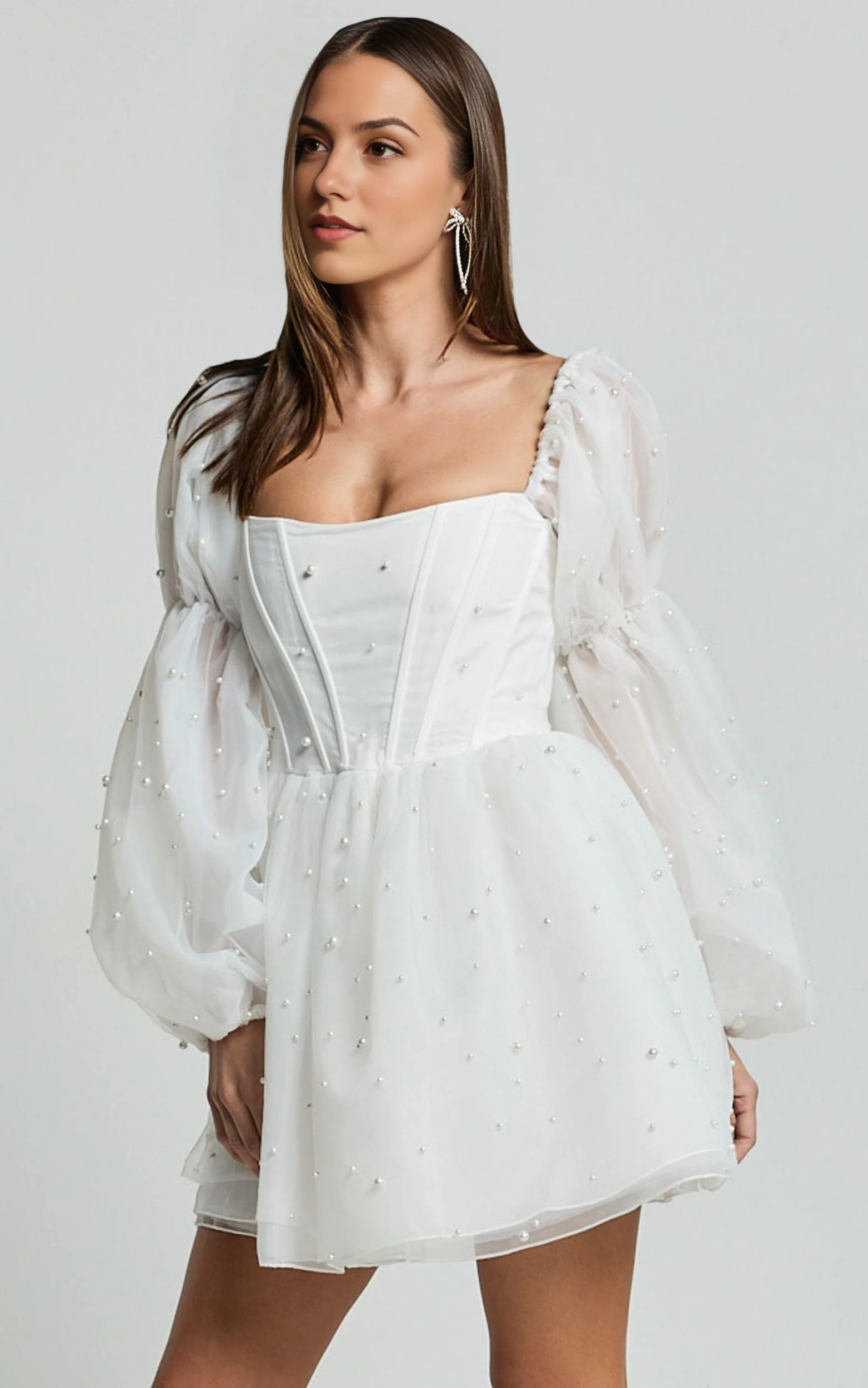 Long Puff Sleeve Pearl Detail Mini Dress in White