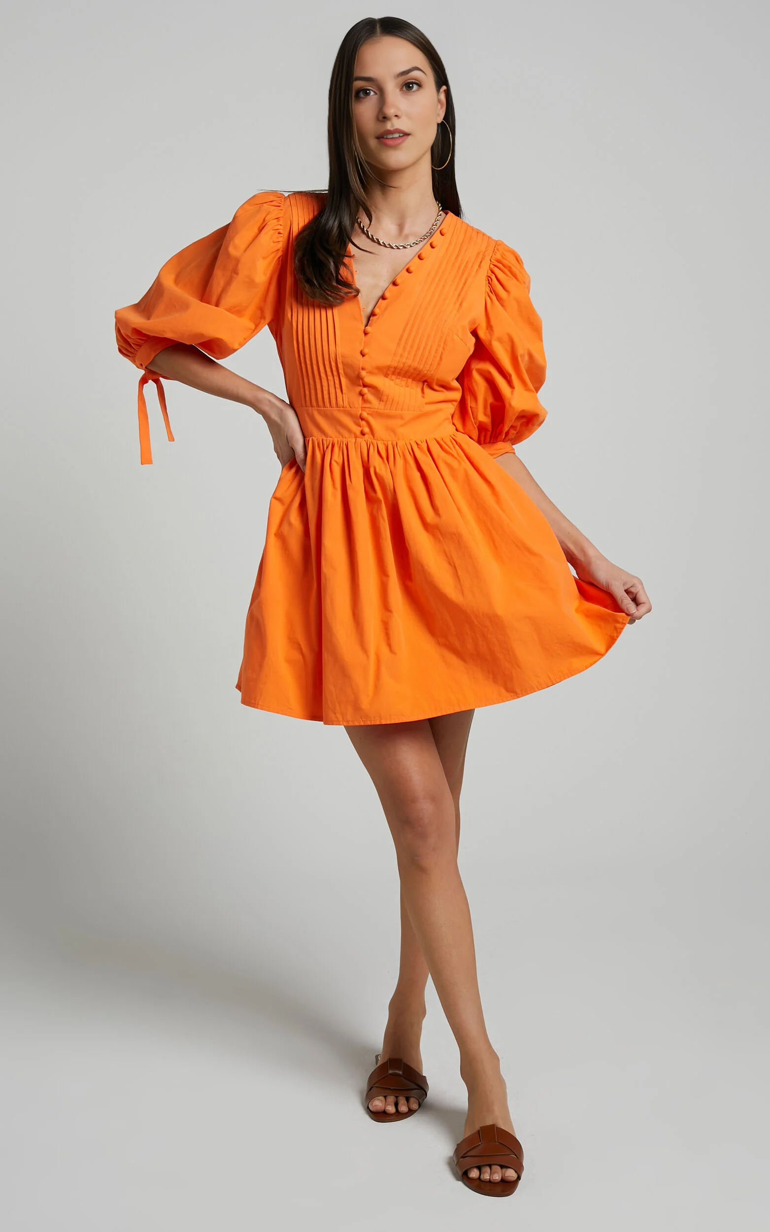 Zandra Mini Dress – Orange Puff Sleeve Fit & Flare Poplin Dress