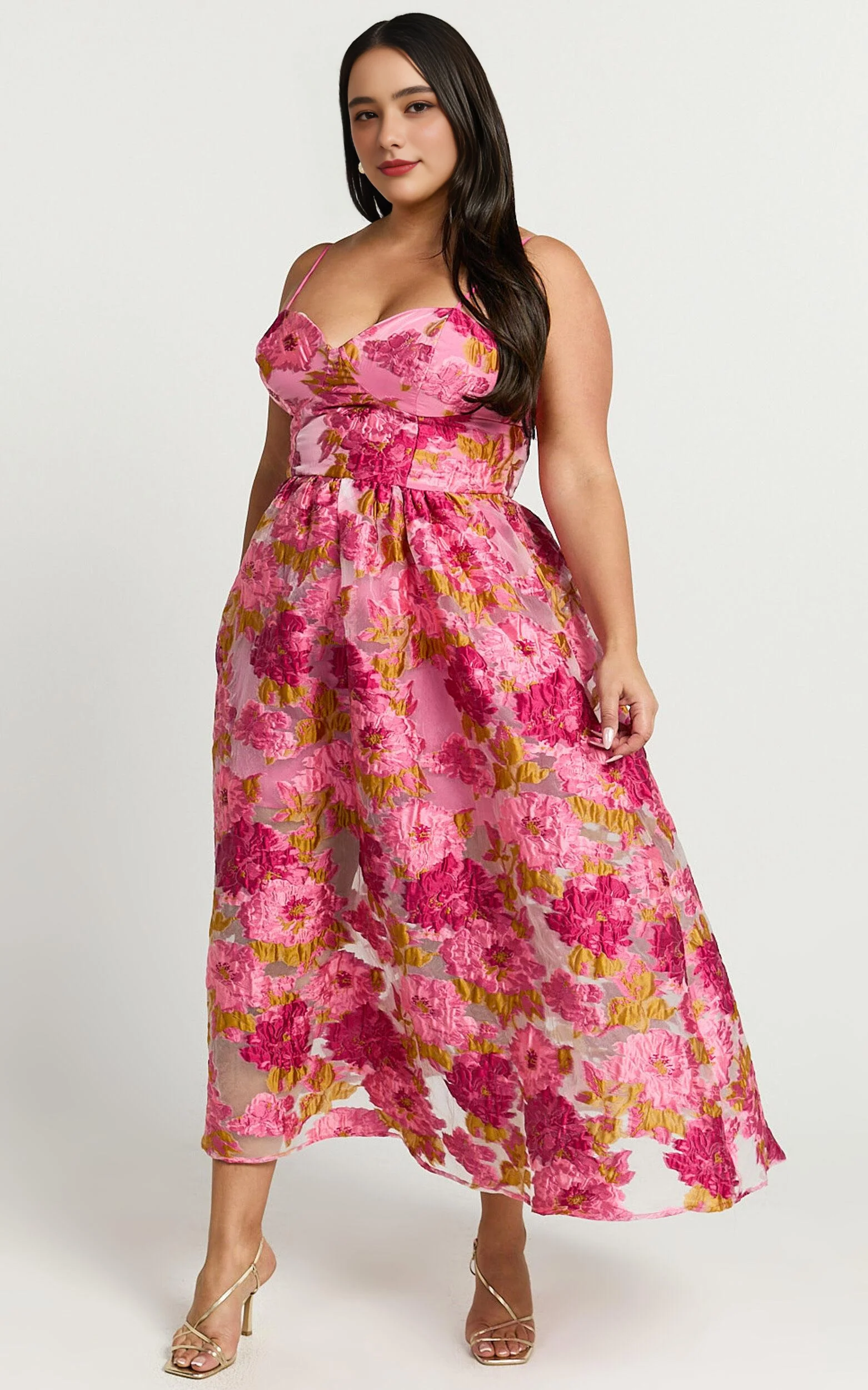 A-Line Corset Detail Midi Dress in Light Pink