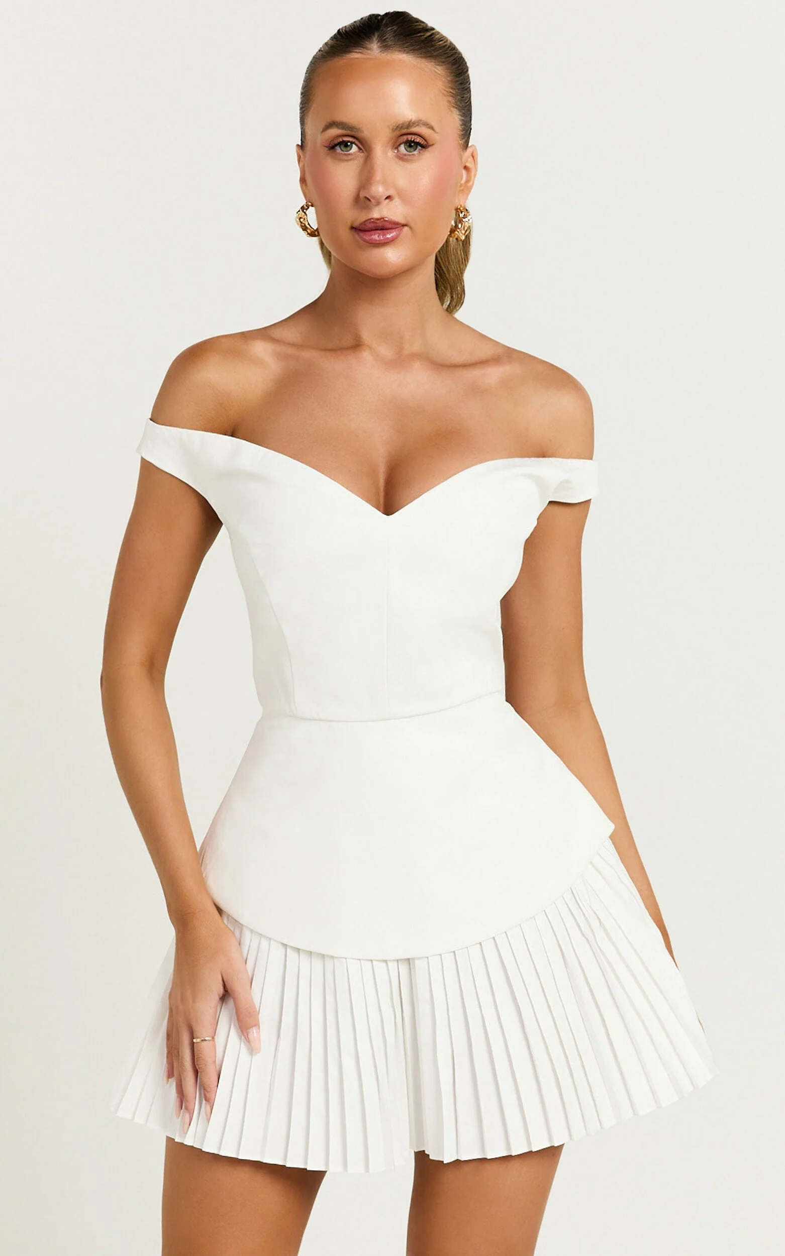 Izara Mini Dress - Off Shoulder Pleated Dress in Off White
