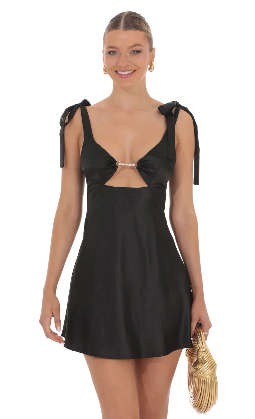 Pearl Cutout Satin Dress in Black