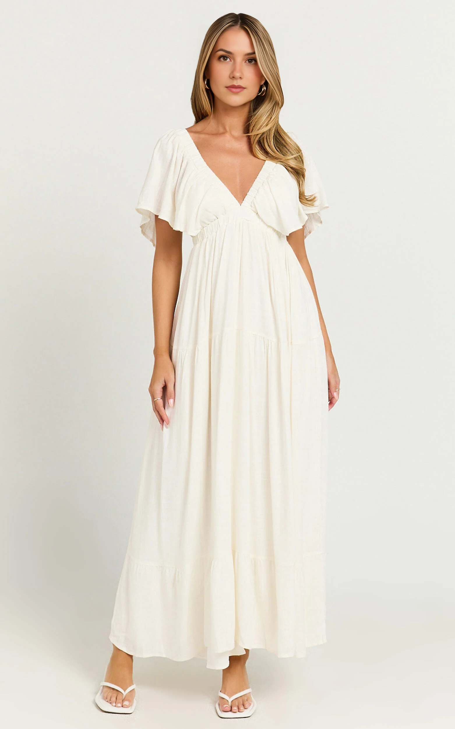 Lyrad Midi Dress – White Linen-Feel Empire Waist Textured Dress
