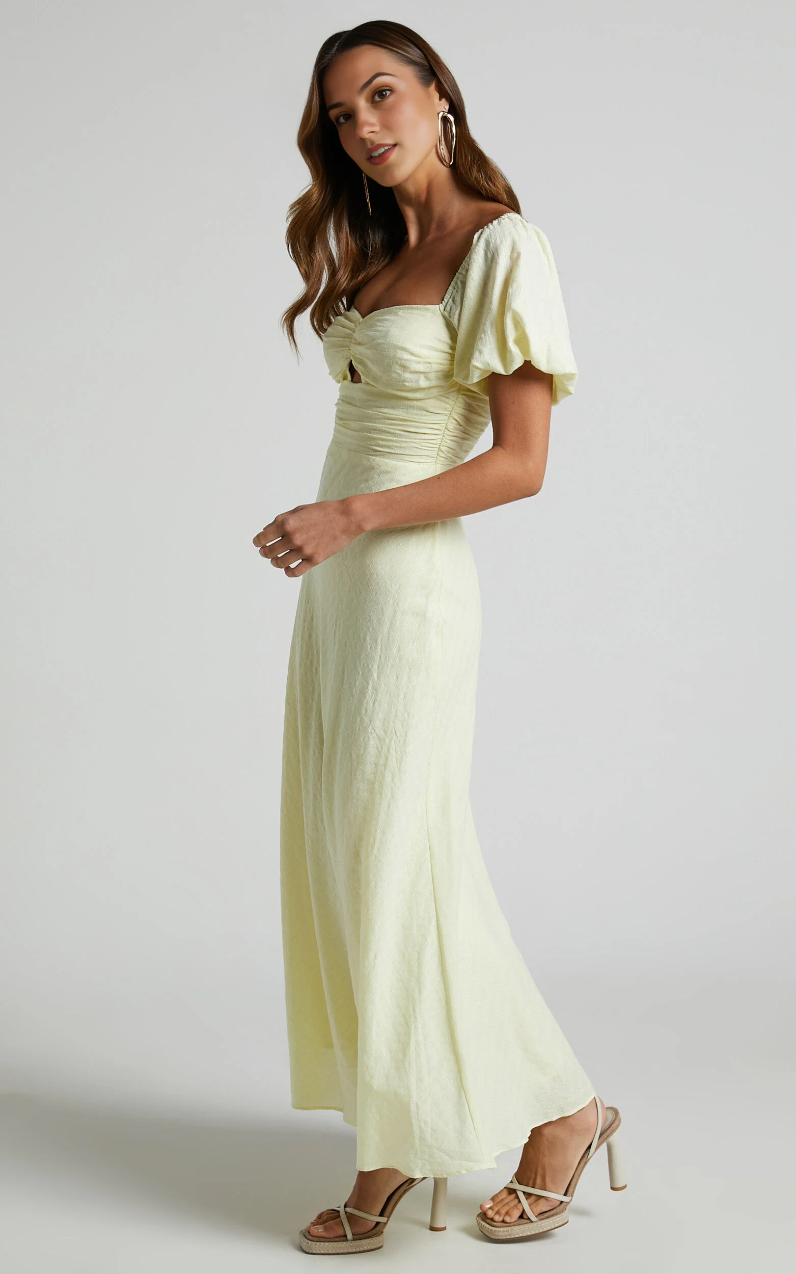 Vynna Midi Dress – Butter Yellow Puff Sleeve A-Line Dress with Ruched Bust & Scoop Neck