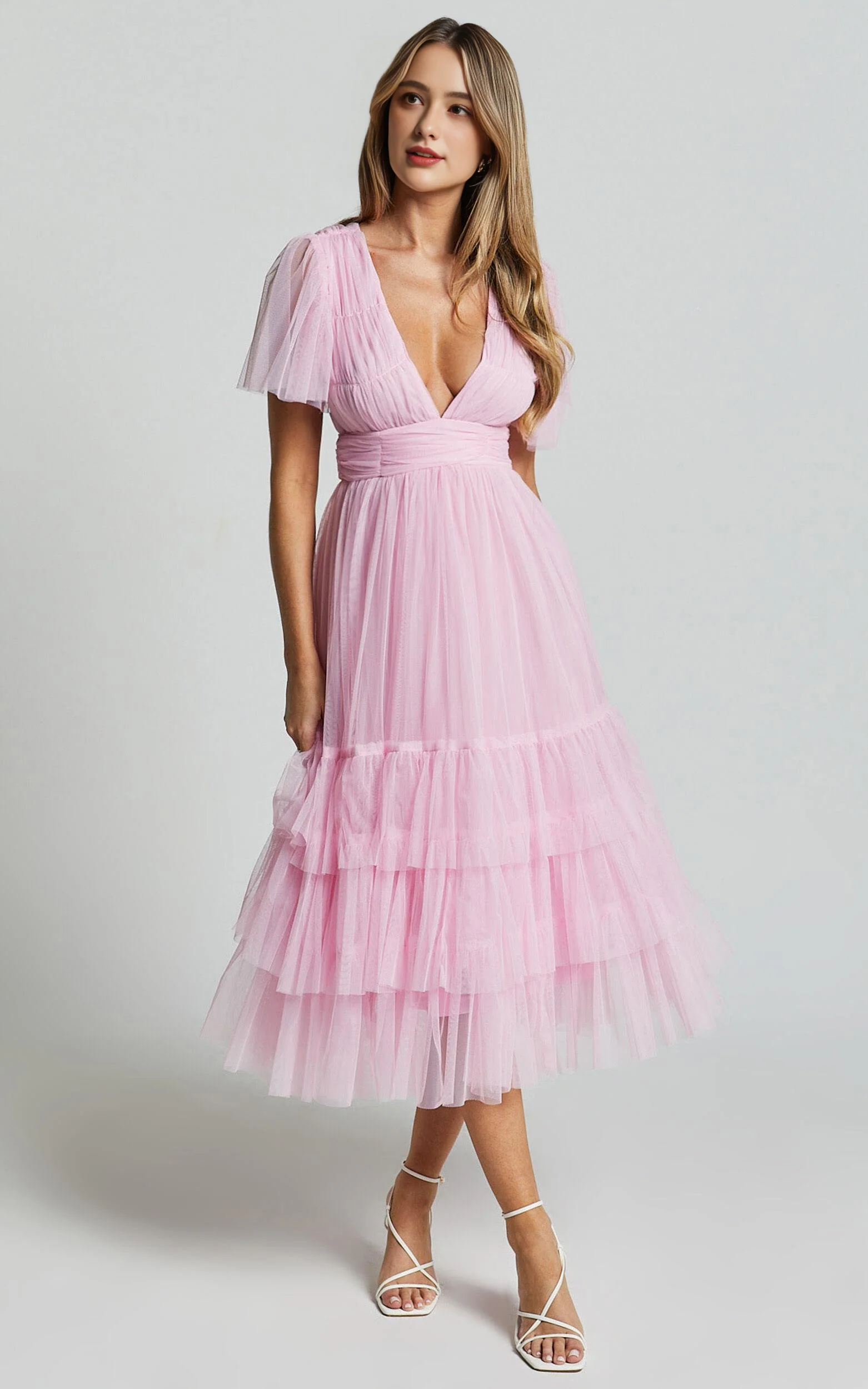 Flutter Sleeve Tulle Plunge Midi Dress in Ballet Pink