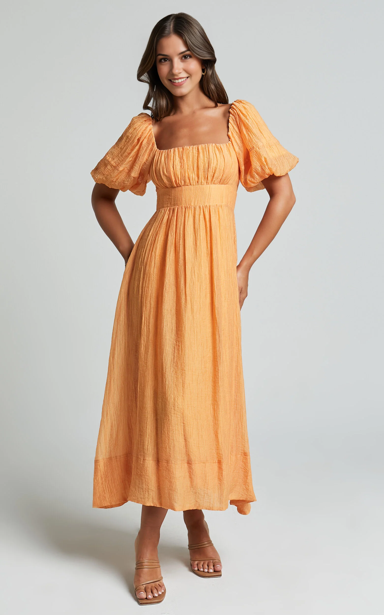 Roshina Midi Dress – Puff Sleeve Straight Neck Dress in Vibrant Orange