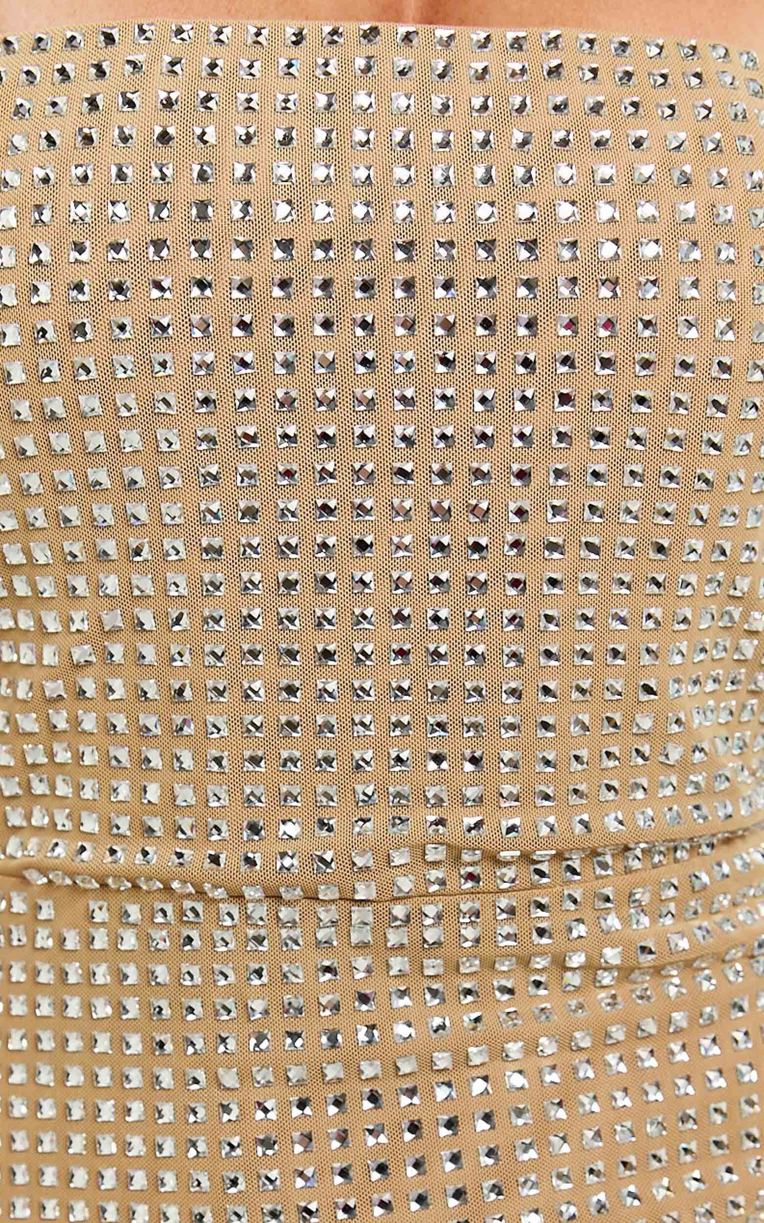 Diamante Square Neck Bodycon Mini Dress in Nude