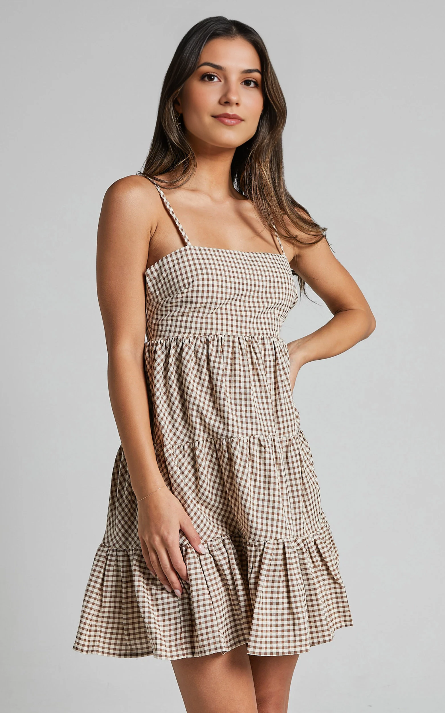 Lorelle Mini Dress – Brown Gingham Tiered Sleeveless Dress with Straight Neckline