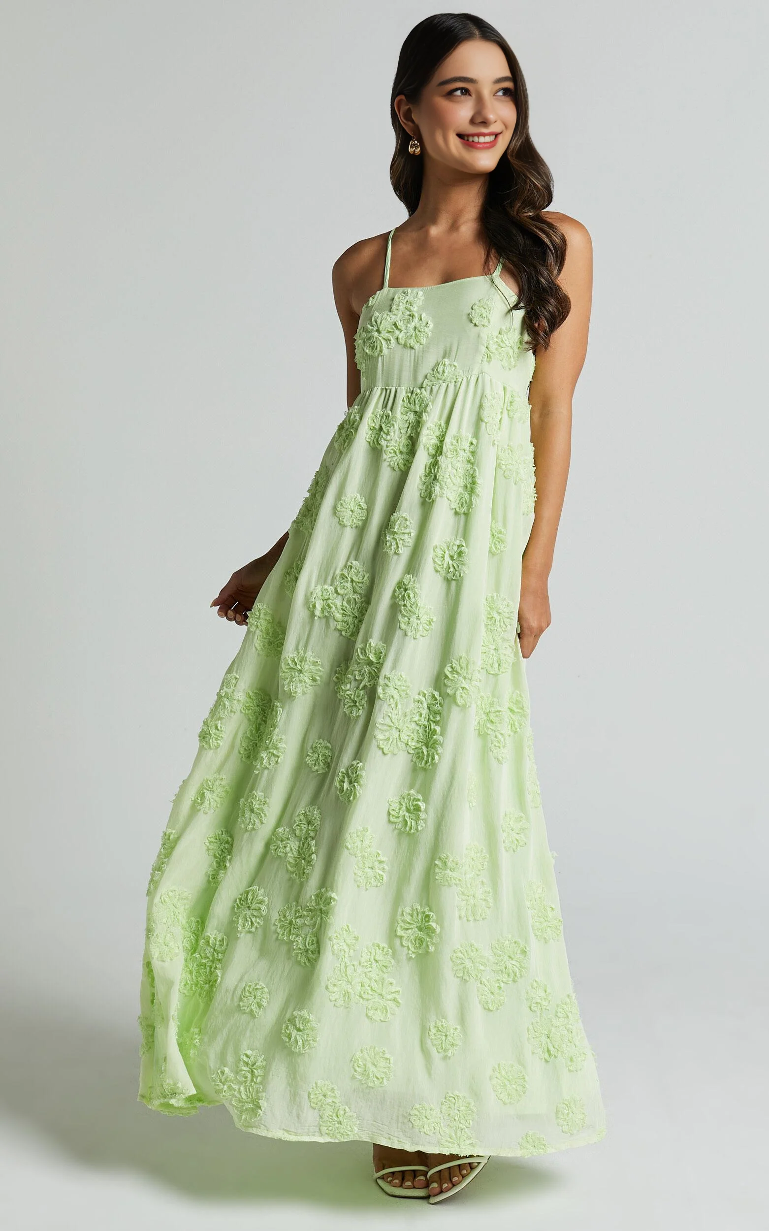 Floral Maxi Dress - Sleeveless V-Neck Summer Dress in Lime