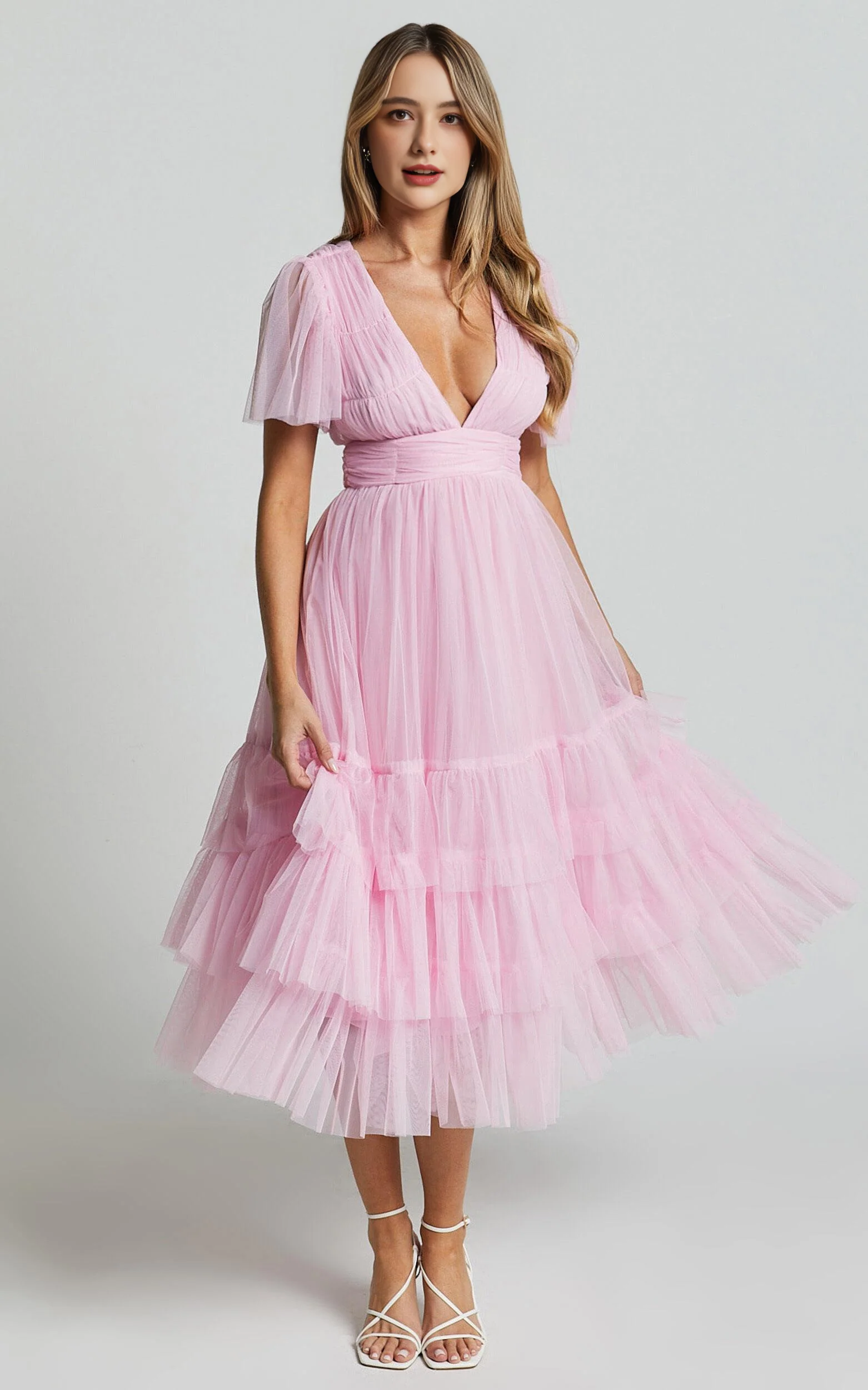 Flutter Sleeve Tulle Plunge Midi Dress in Ballet Pink