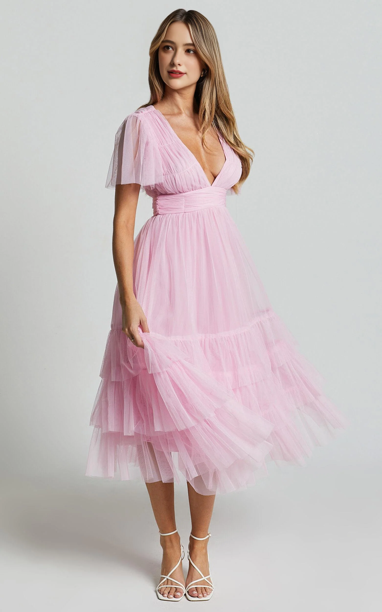 Flutter Sleeve Tulle Plunge Midi Dress in Ballet Pink