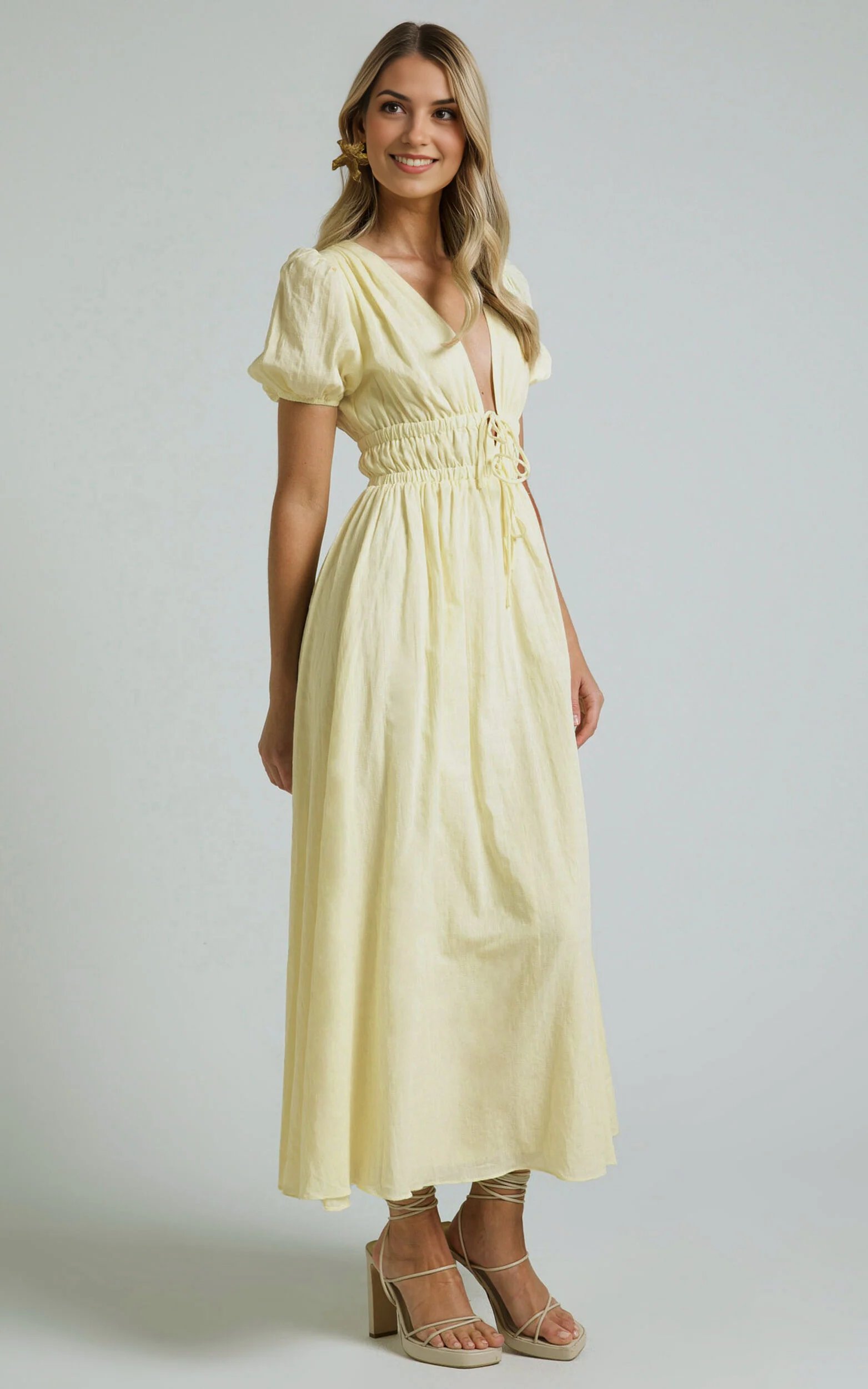 Portofino Midi Dress – Yellow V-Neck Puff Sleeve Midi for Effortless Daytime Style