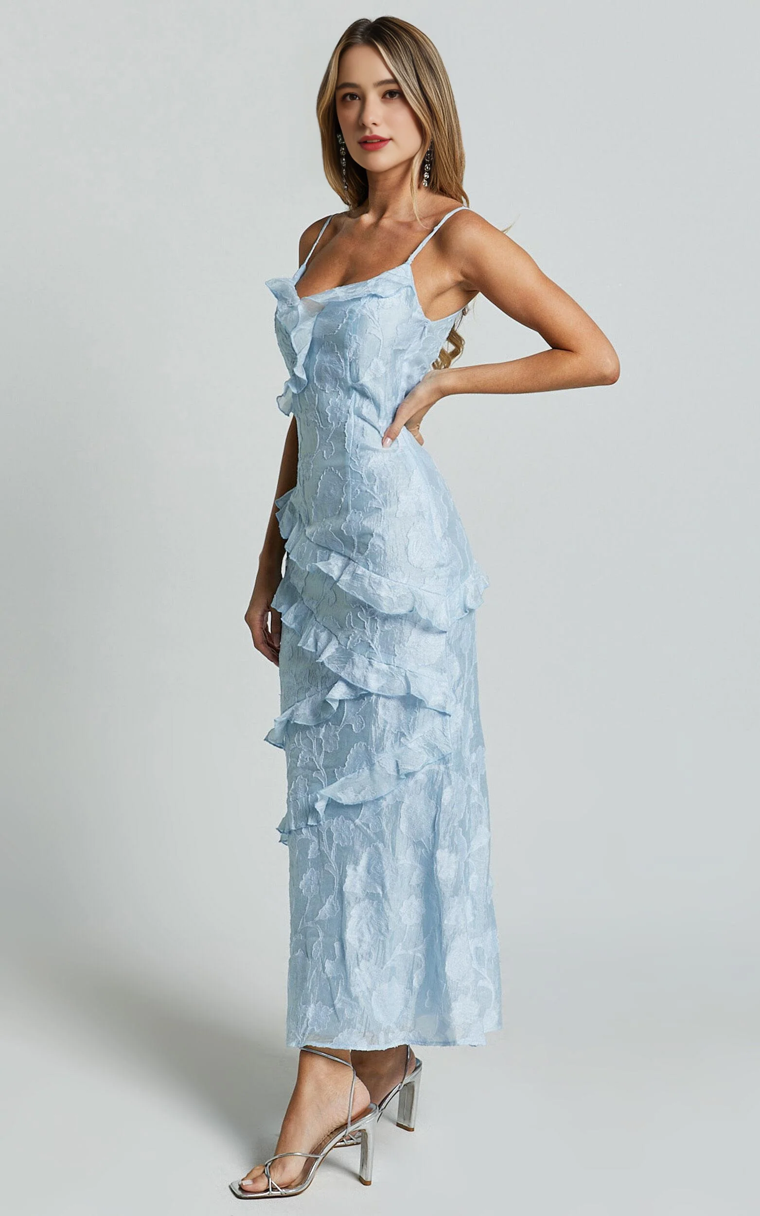 Jacquard Ruffle Tiered Midi Slip Dress in Light Blue