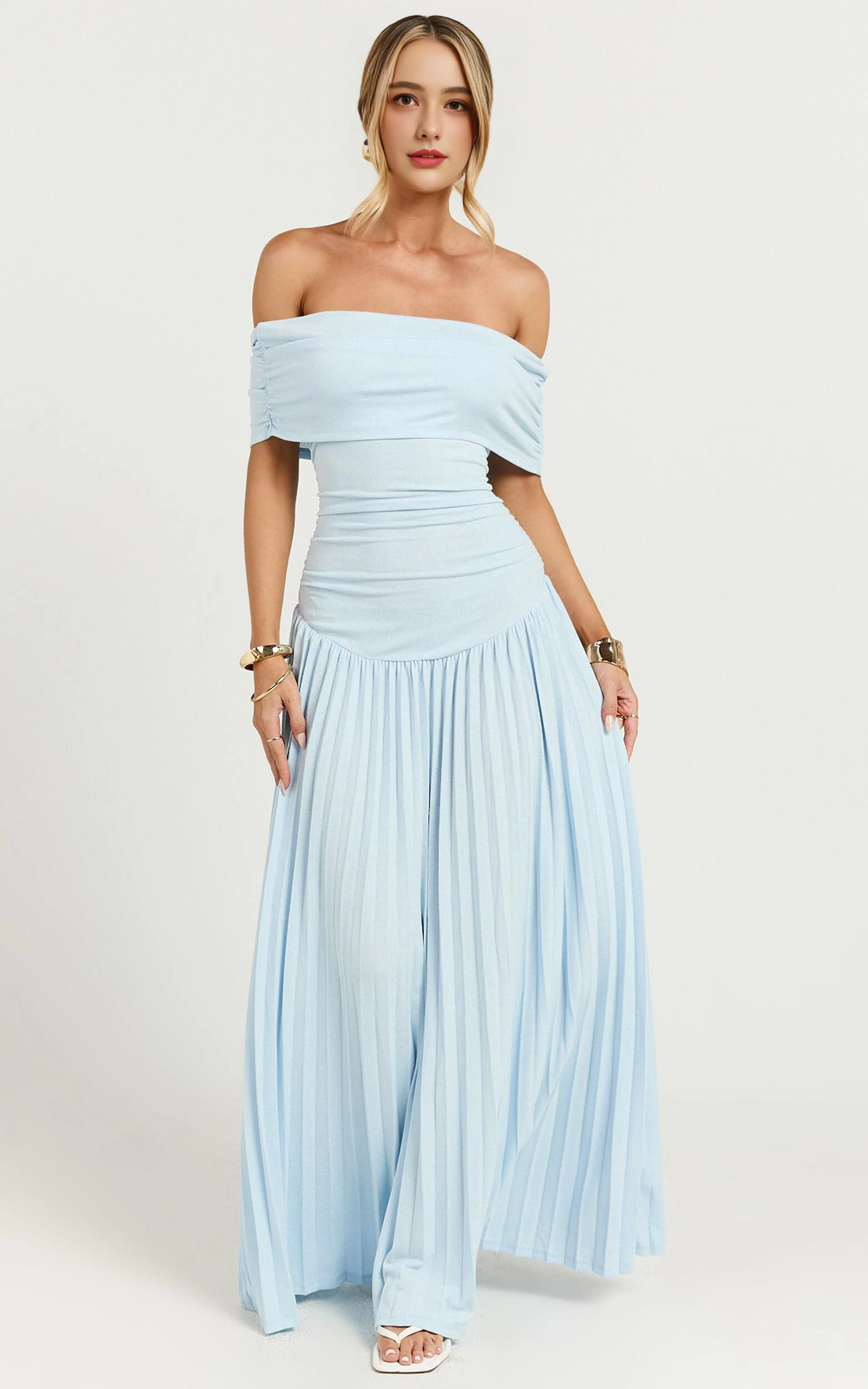 Off The Shoulder Maxi Shift Dress in Soft Blue