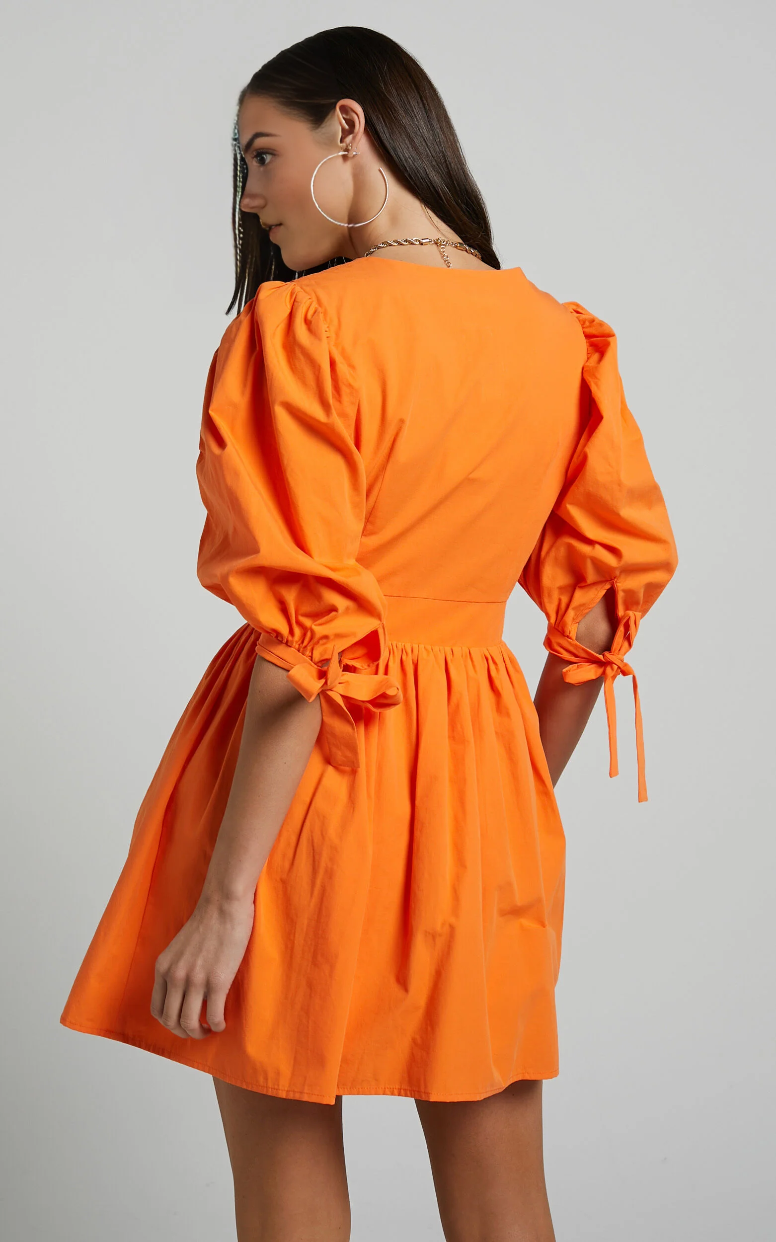 Zandra Mini Dress – Orange Puff Sleeve Fit & Flare Poplin Dress