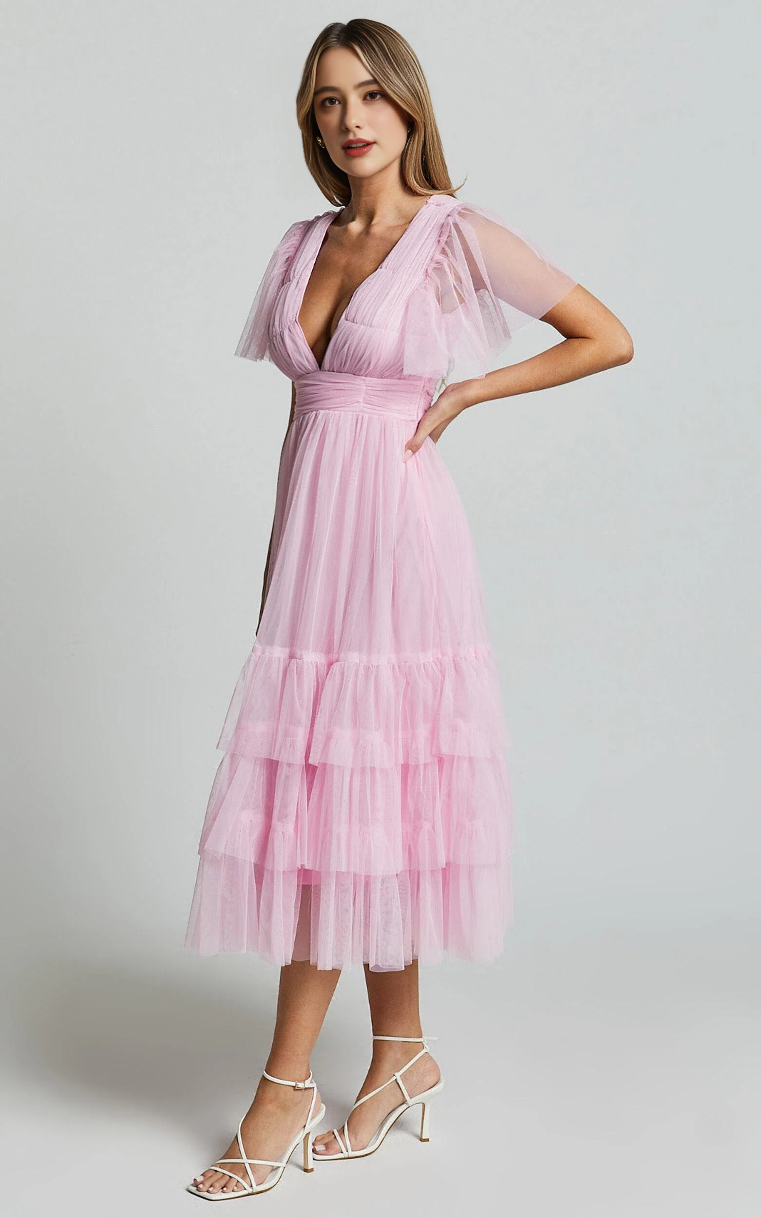 Flutter Sleeve Tulle Plunge Midi Dress in Ballet Pink