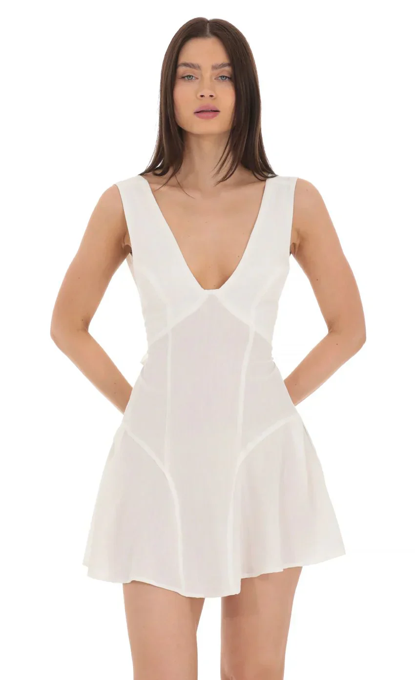 Plunge V-Neck Dress in White