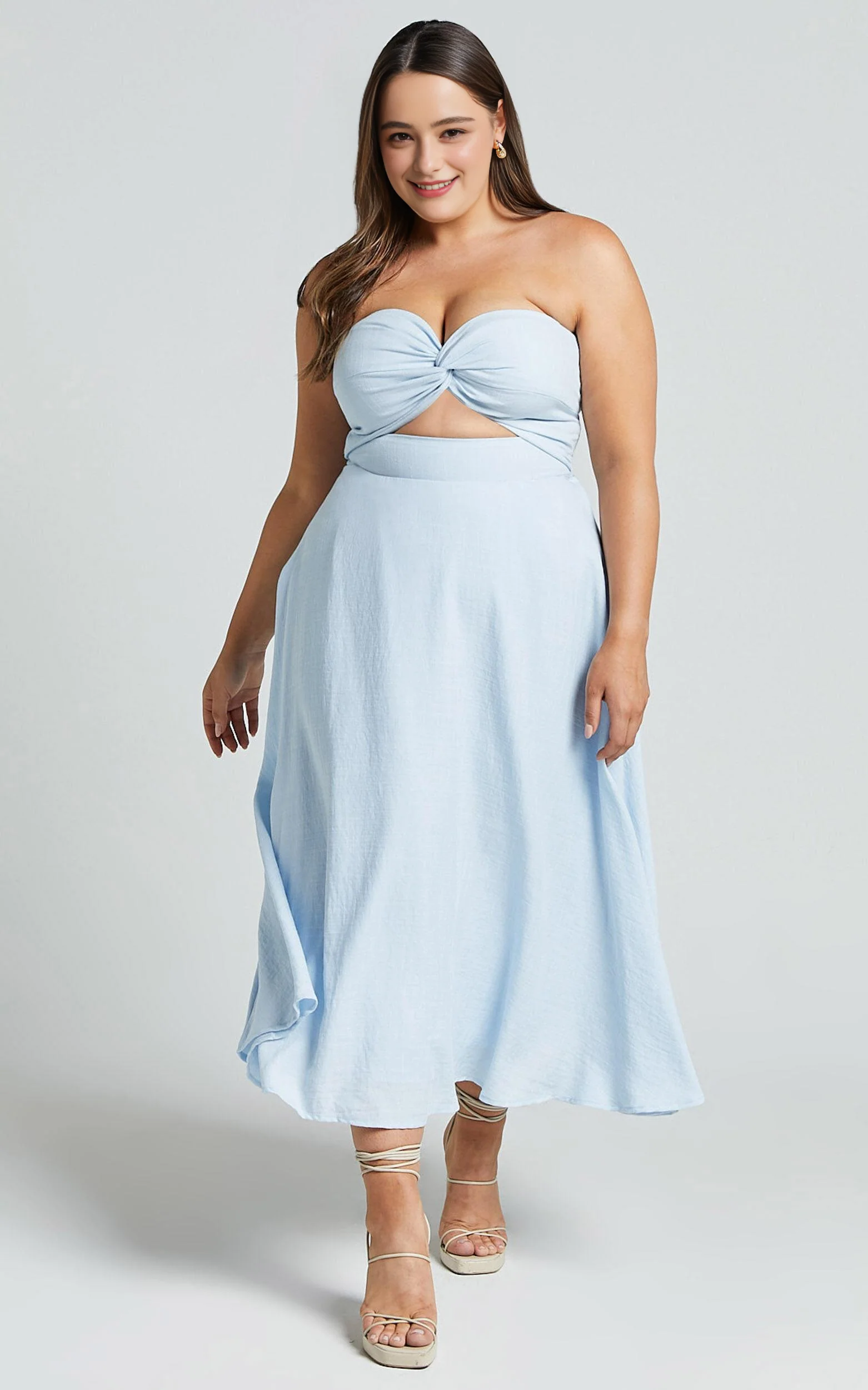 Twist Strapless Cocktail Midi Dress in Ice Blue