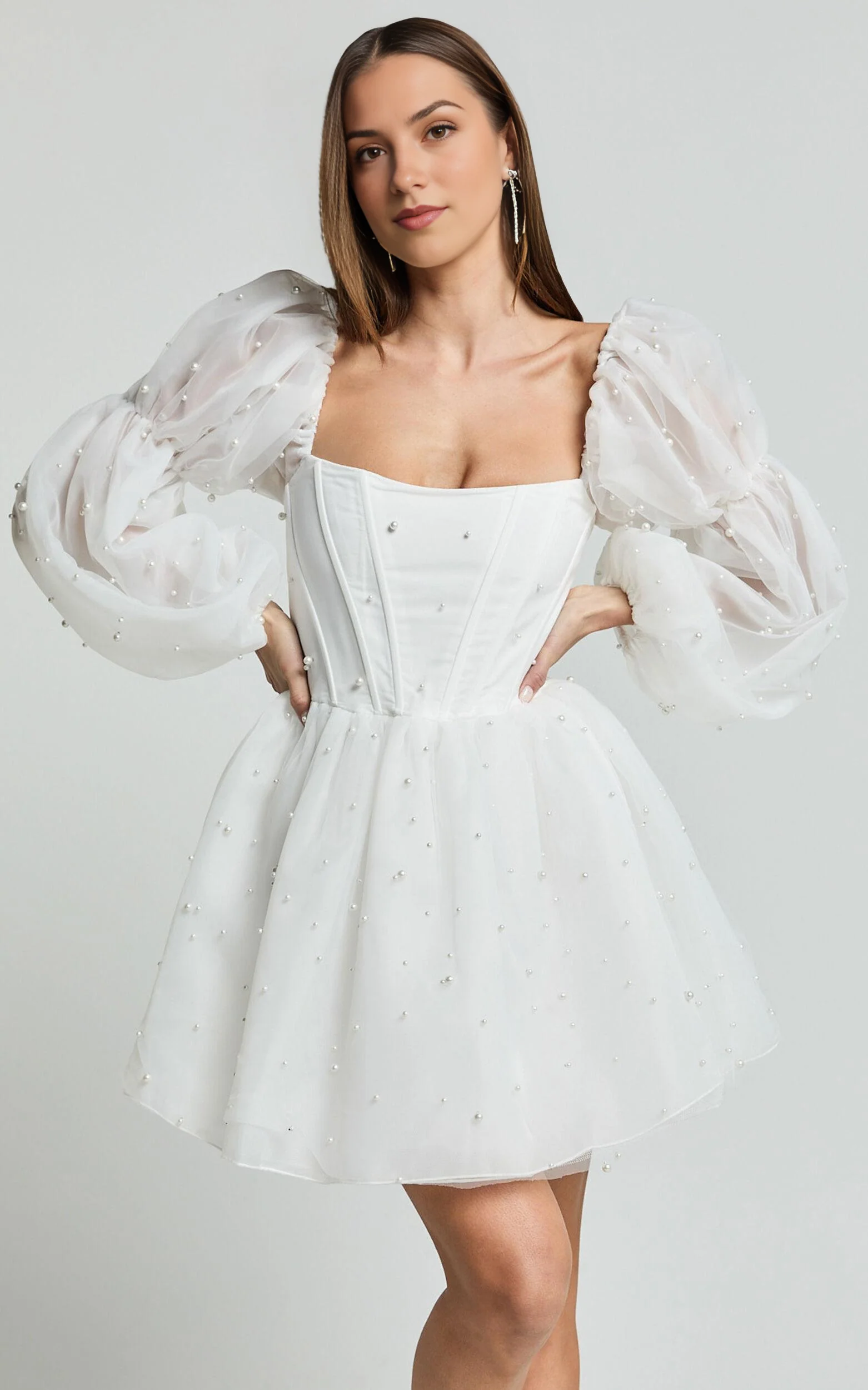 Long Puff Sleeve Pearl Detail Mini Dress in White