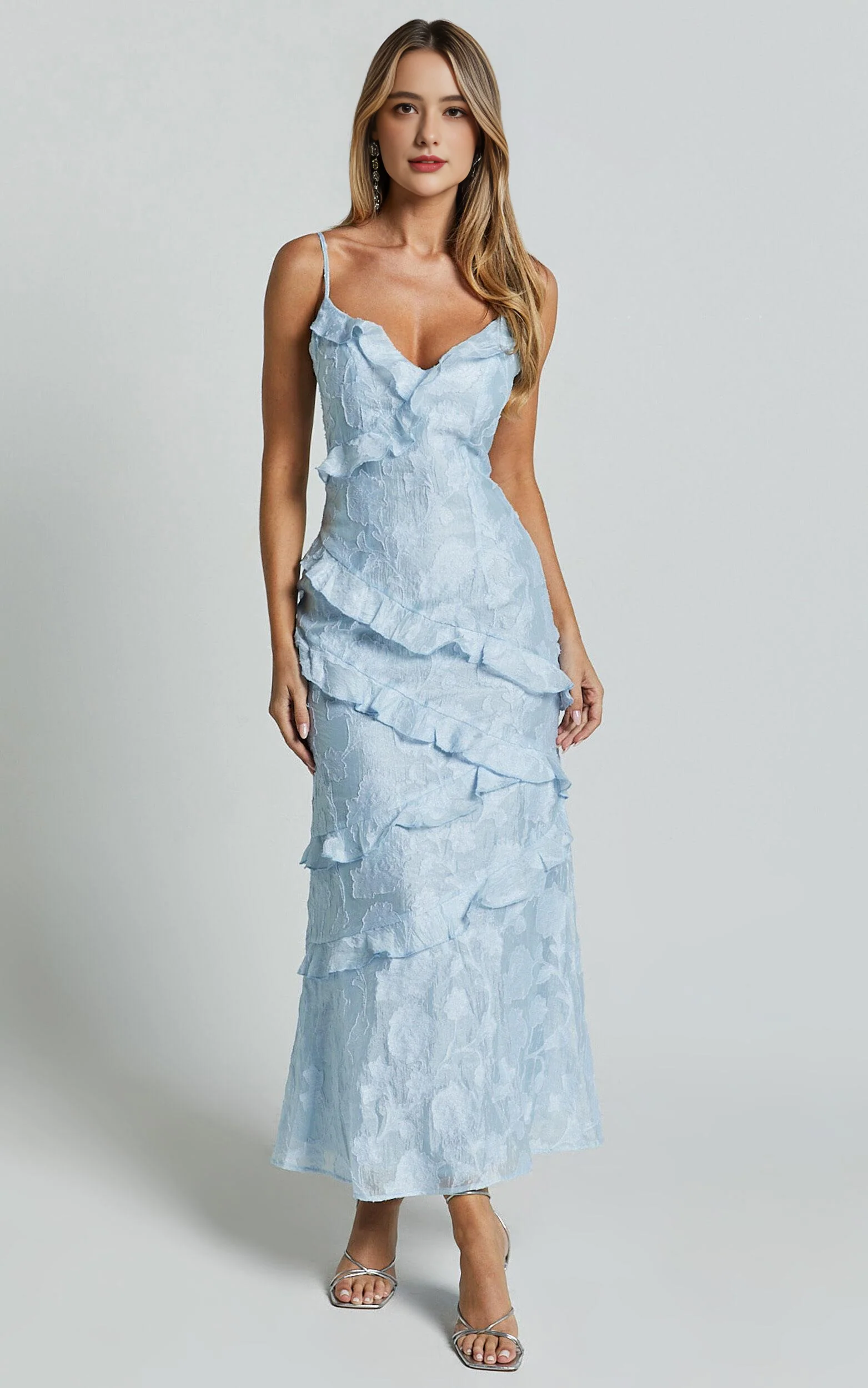 Jacquard Ruffle Tiered Midi Slip Dress in Light Blue