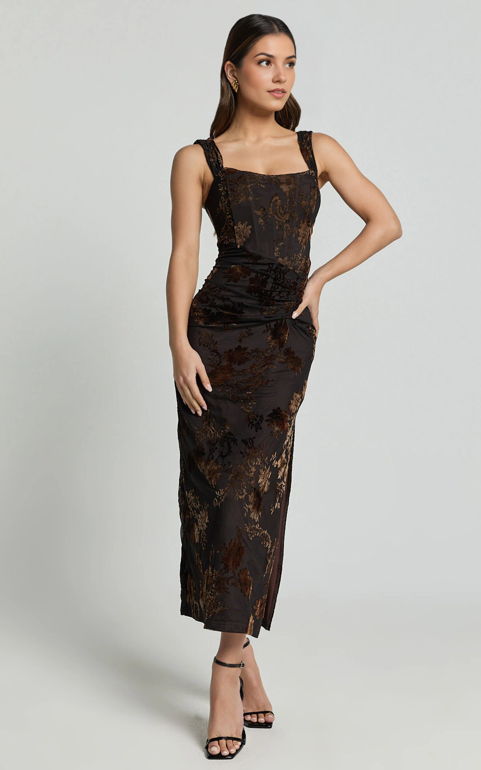 Ruched Corset Burnout Midi Dress in Black and Brown