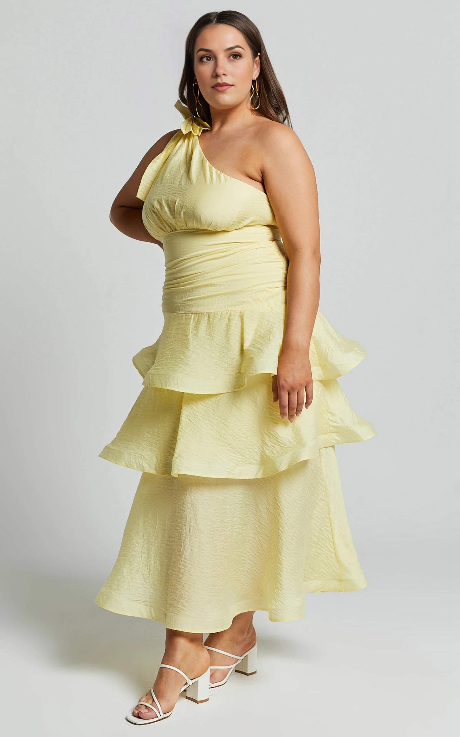 Eugenia Midi Dress – Yellow One-Shoulder Layered Fit & Flare Dress