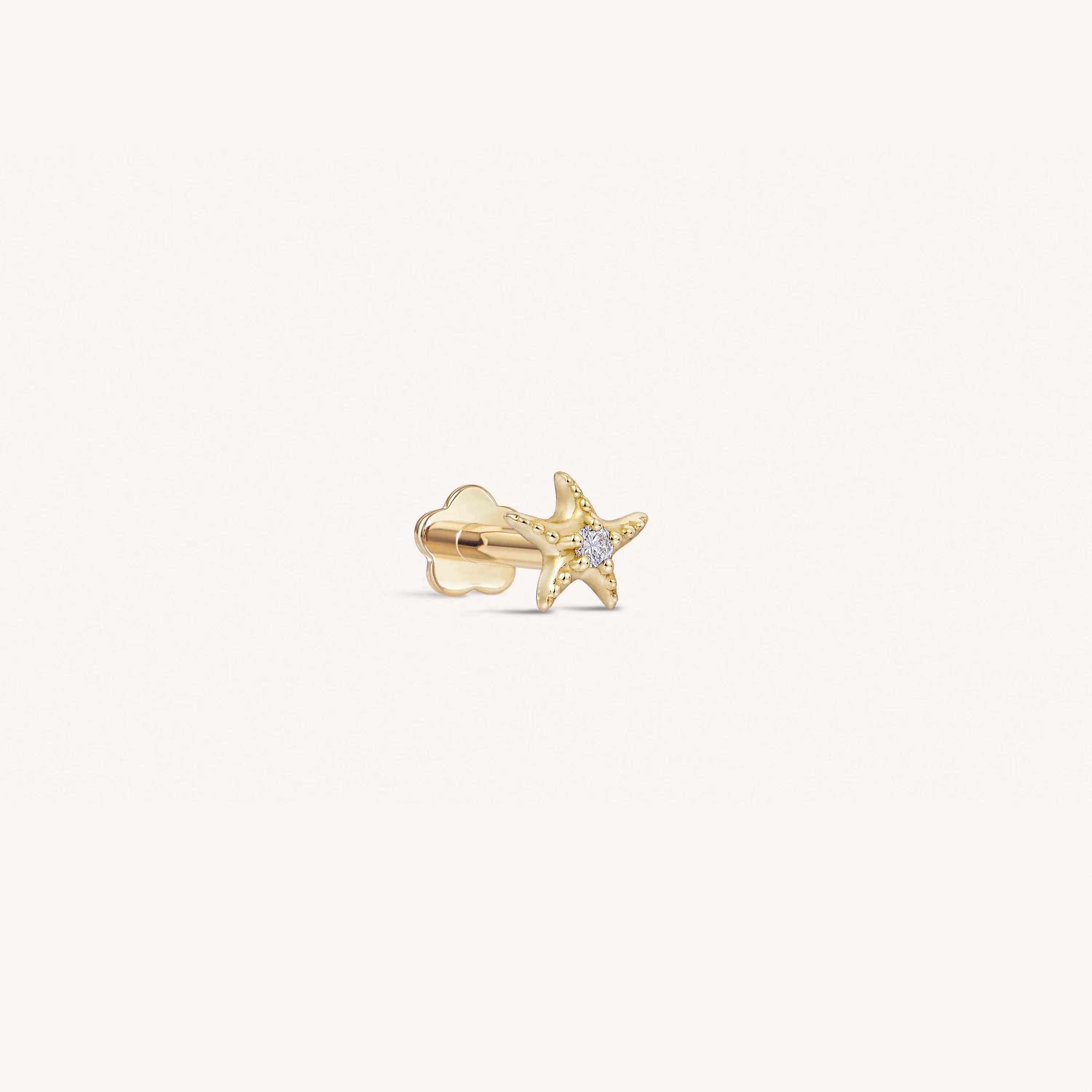 14K Solid Gold Mini Starfish Diamond Flatback Earring