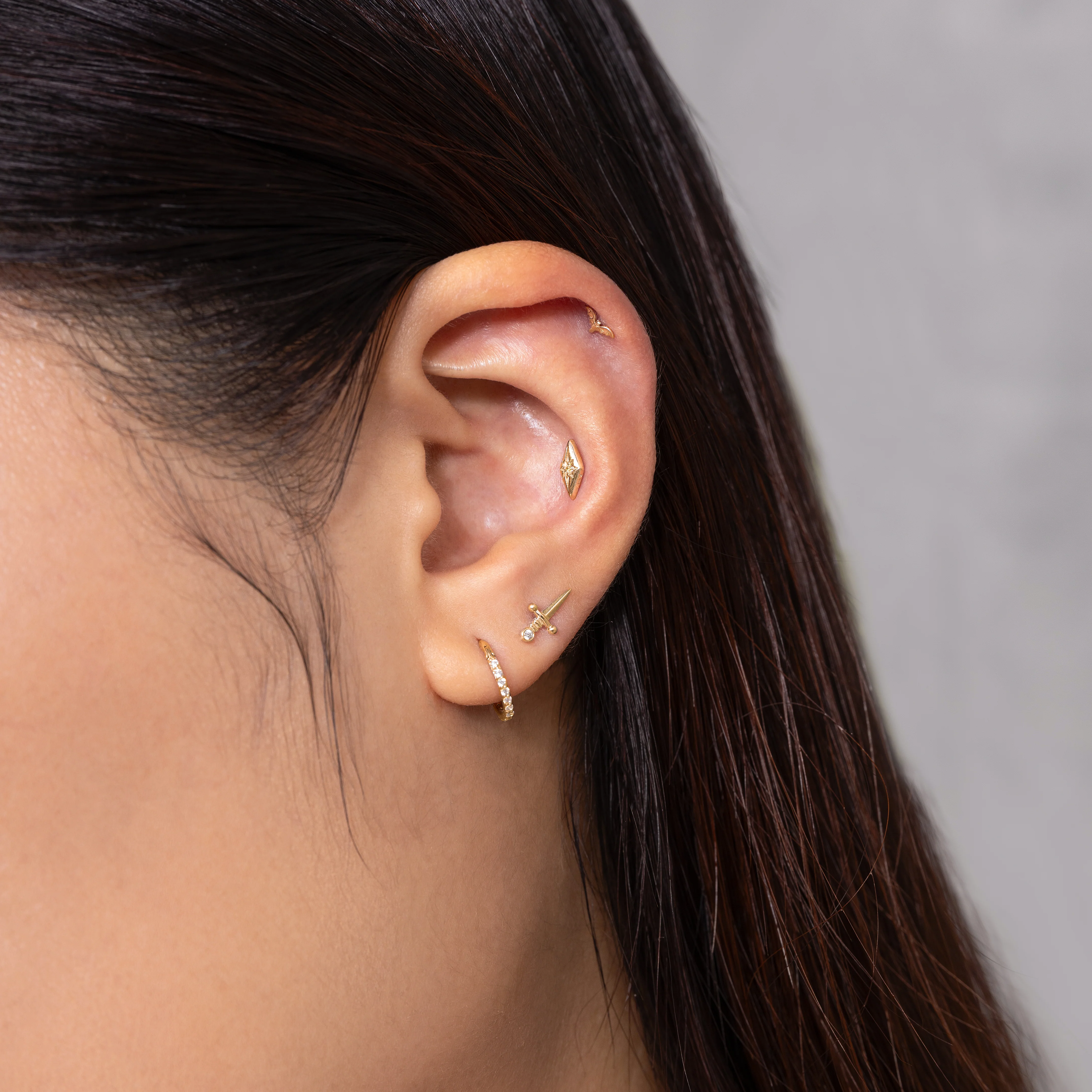 14K Solid Gold Sword CZ Flatback Earring