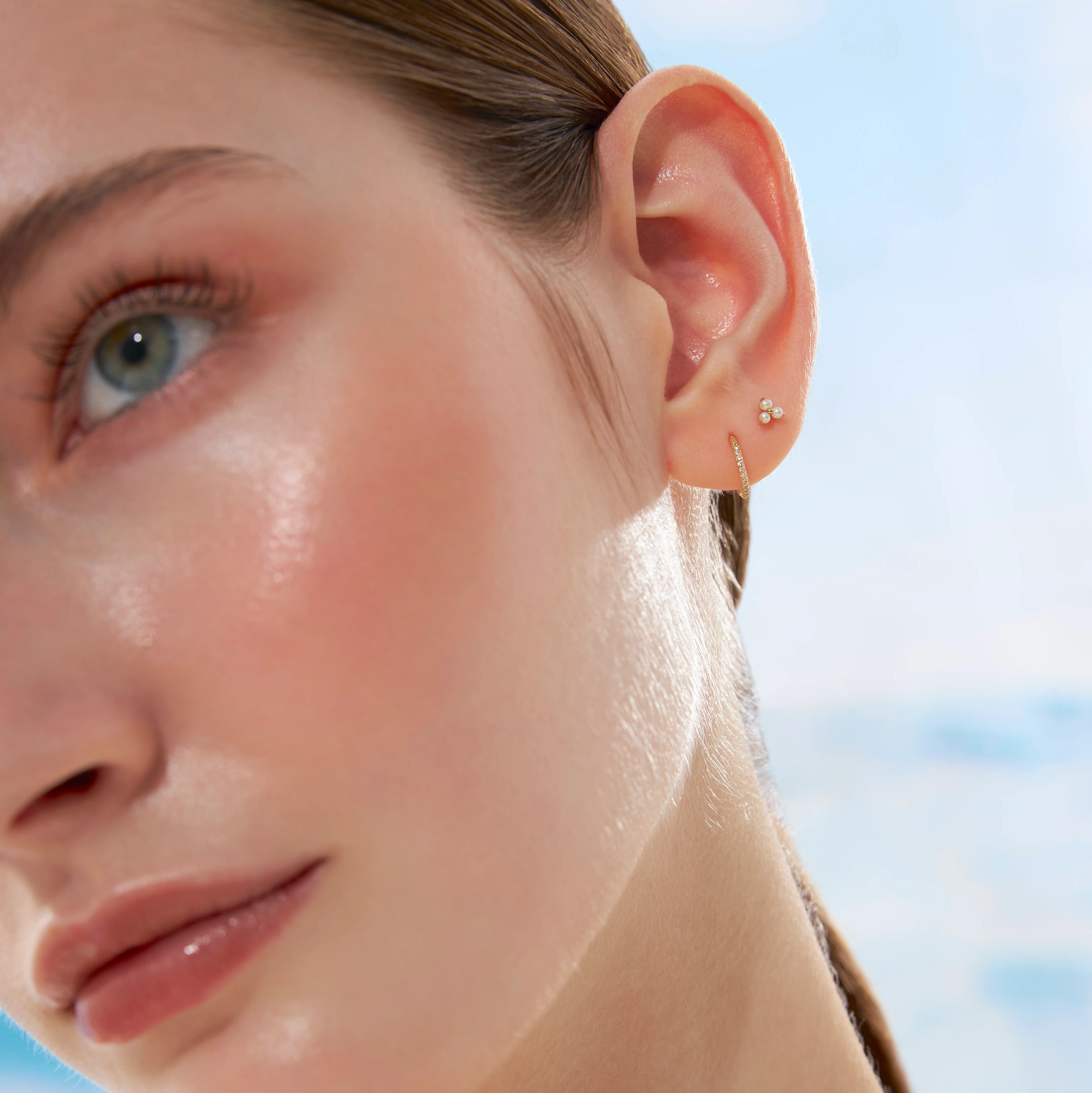 14K Solid Gold Genuine Pearl Trinity Flatback Earring