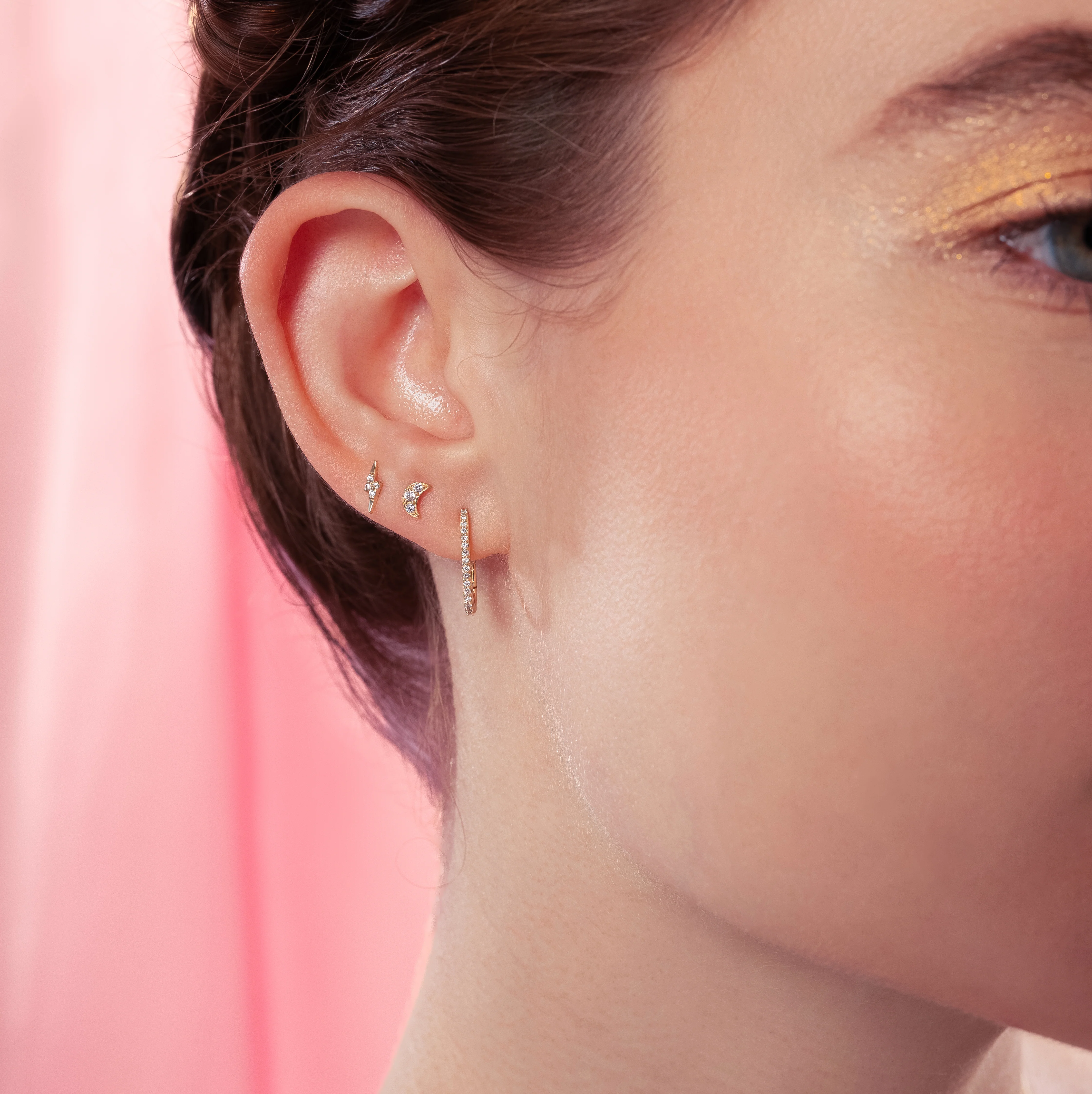 14K Solid Gold Jewel Thunderbolt Flatback Earring