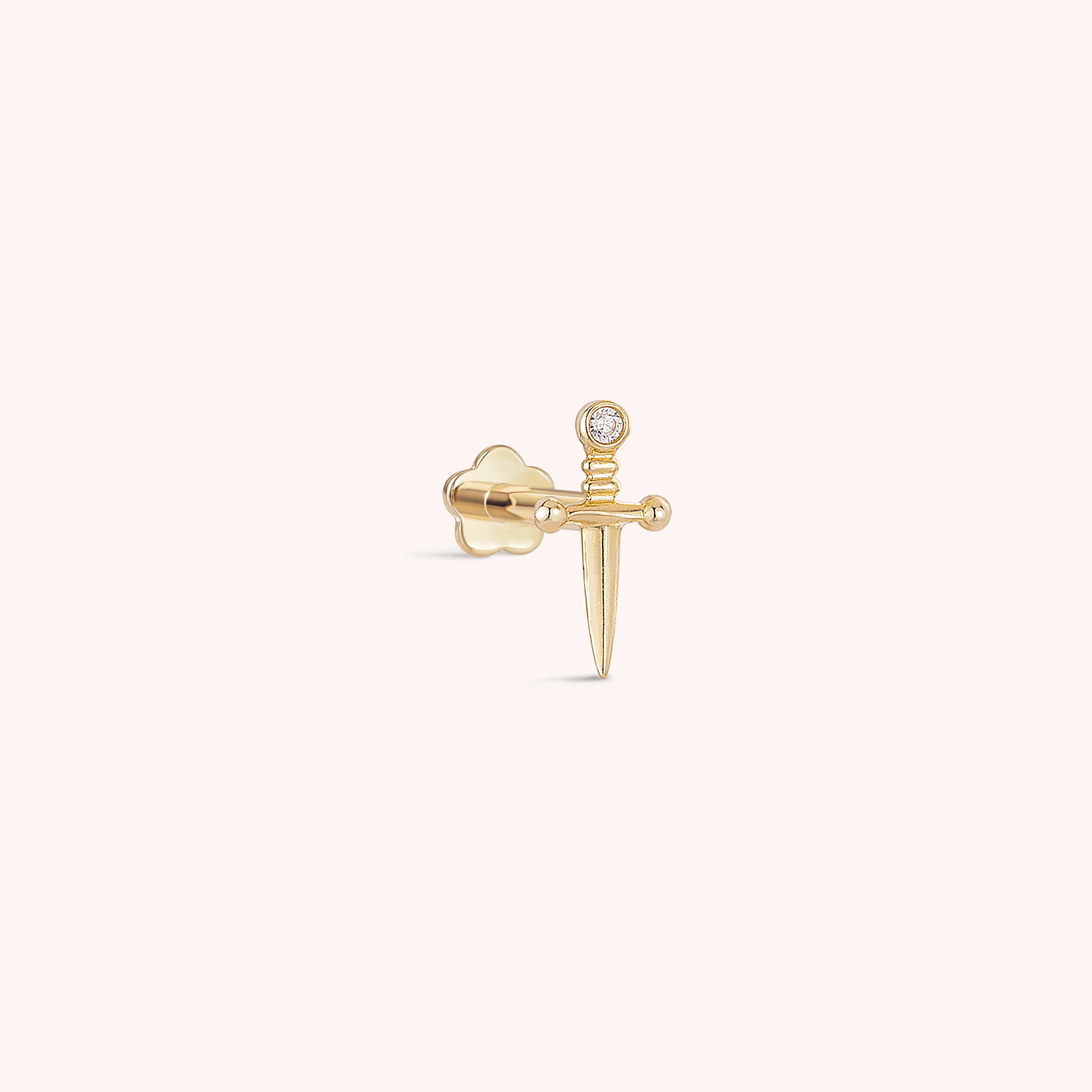 14K Solid Gold Sword CZ Flatback Earring