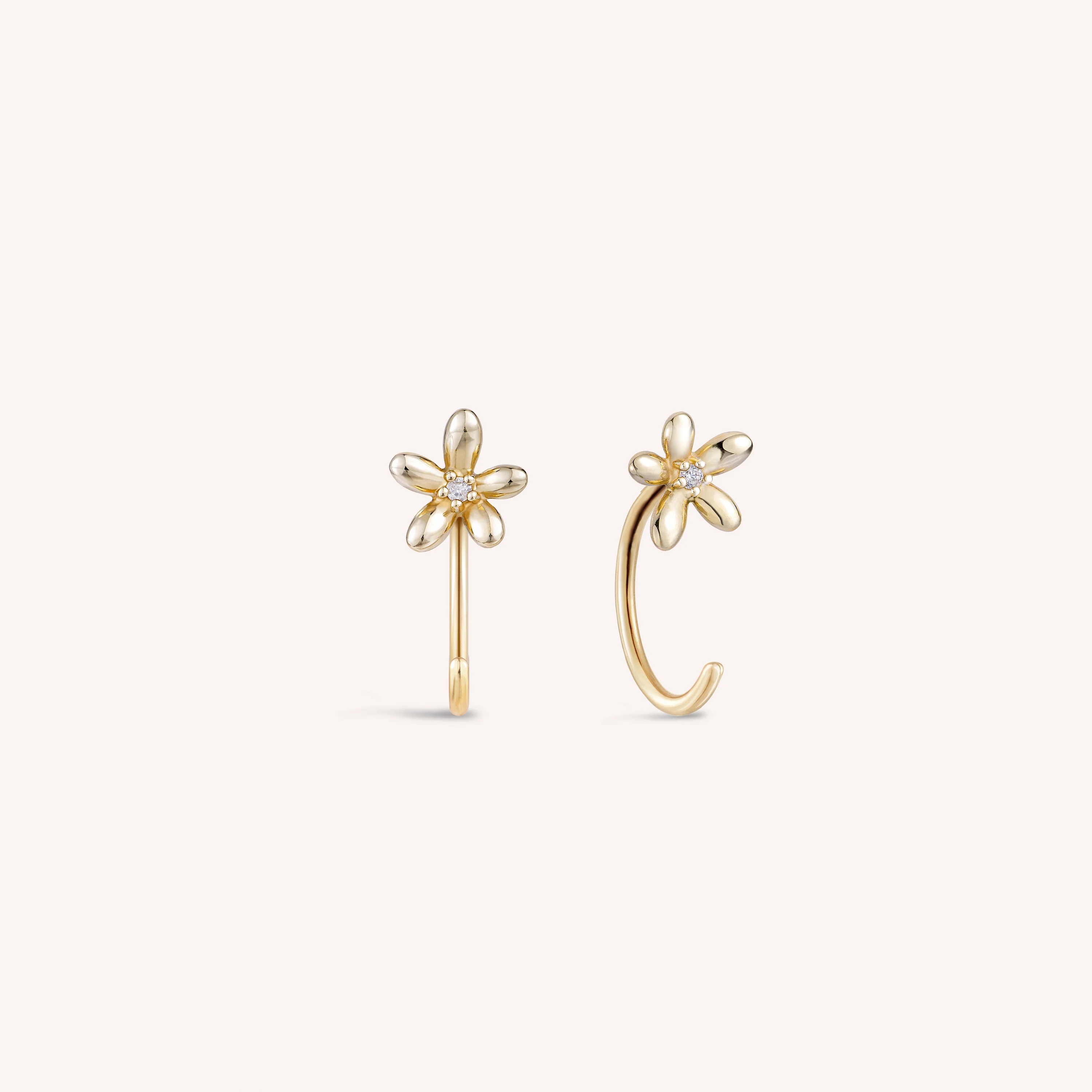 14K Solid Gold Floraison Diamond Open Huggie Earrings