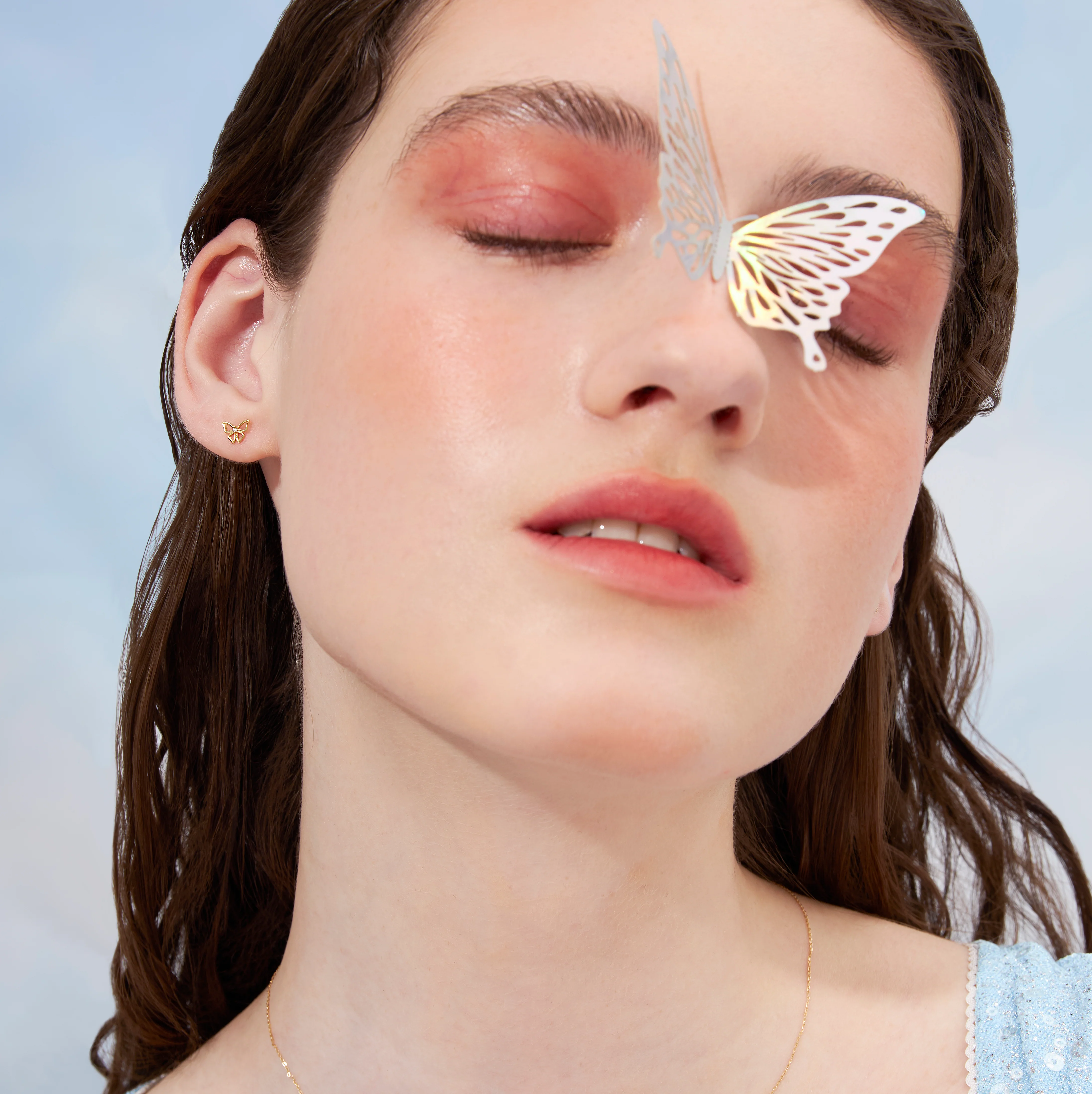 14K Solid Gold Halo Butterfly Diamond Flatback