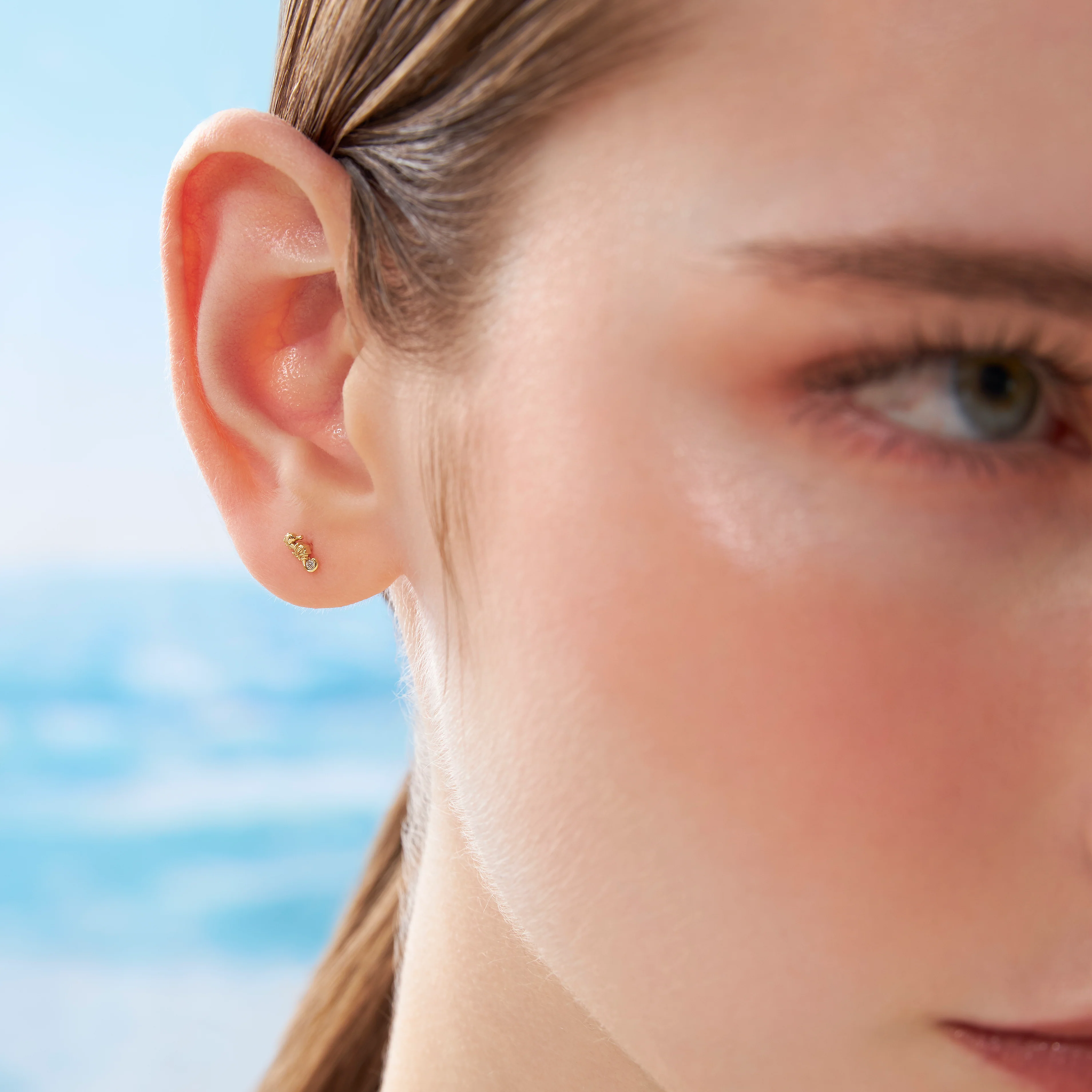 14K Solid Gold Seahorse Diamond Flatback Earring