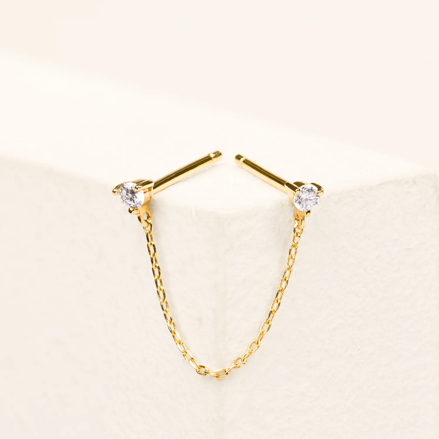 14K Solid Gold Double Baby Diamond Chain Stud Earring