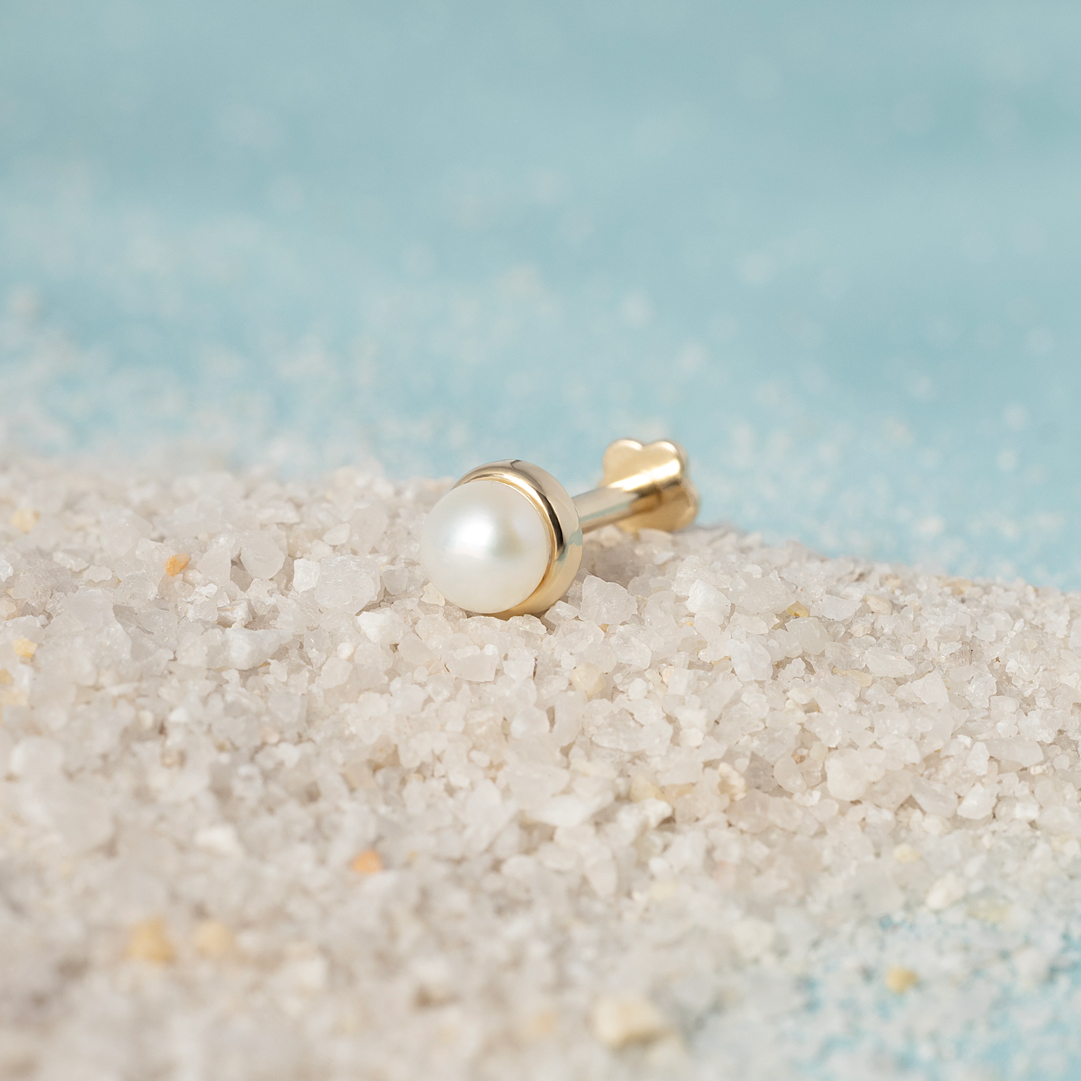 14K Solid Gold Mini Genuine Pearl Bezel Flatback Earring