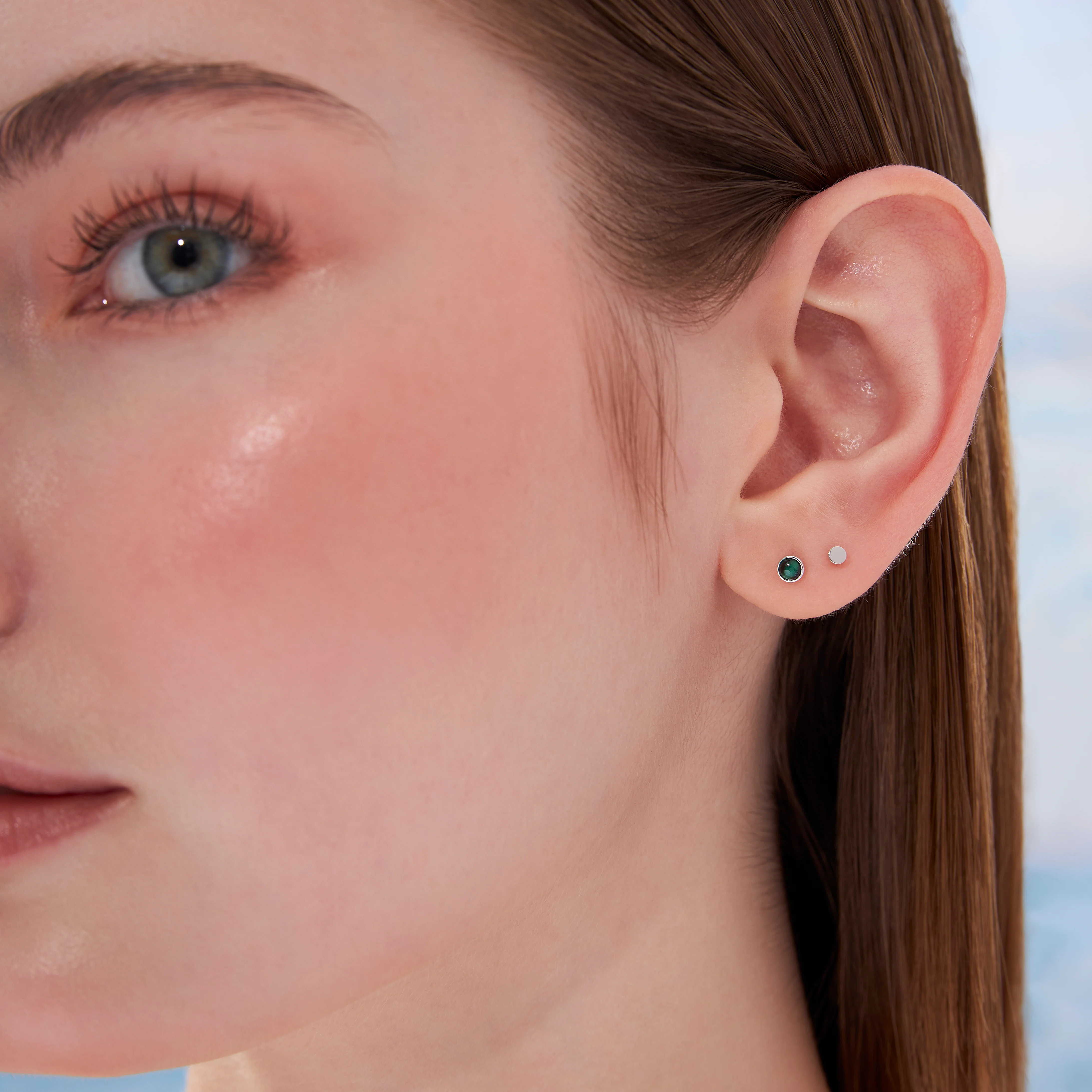 14K Solid Gold Mini Genuine Malachite Bezel Flatback Earring