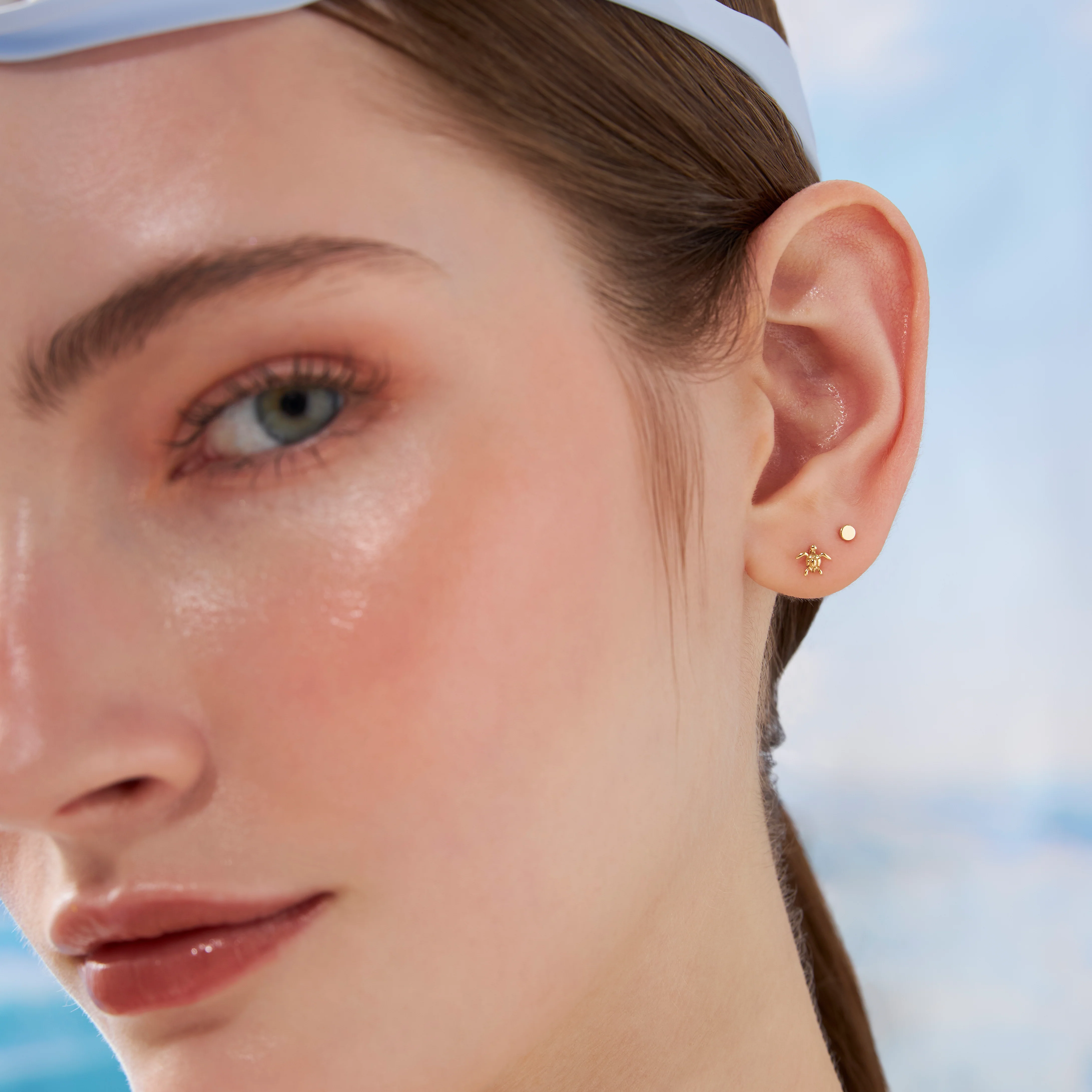 14K Solid Gold Sea Turtle Flatback Earring