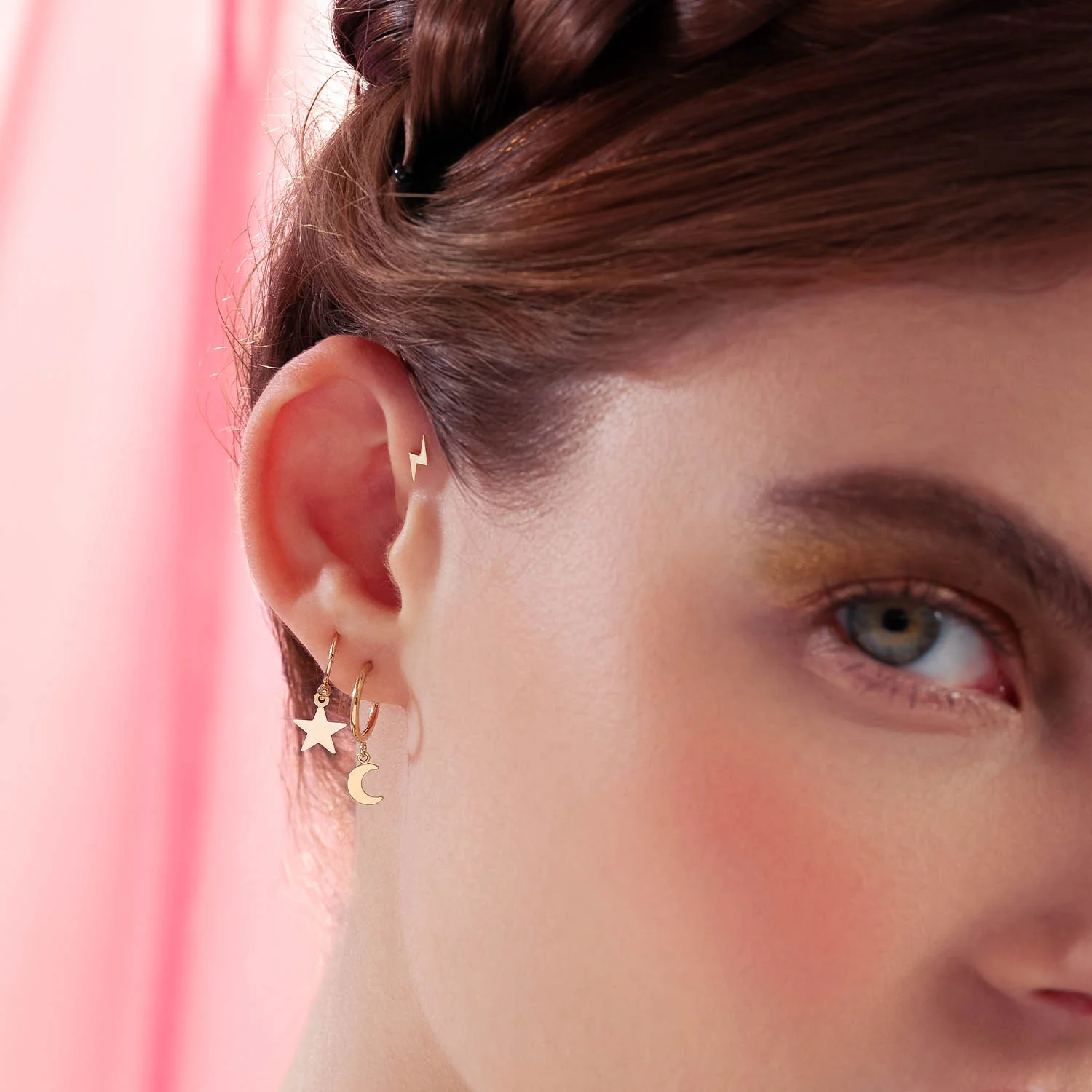 14K Solid Gold Thunderbolt Flatback Earring