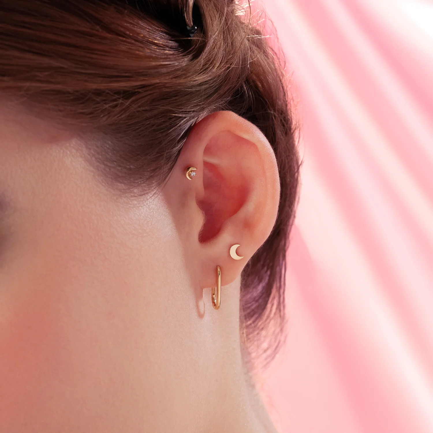 14K Solid Gold Little Moon Flatback Earring