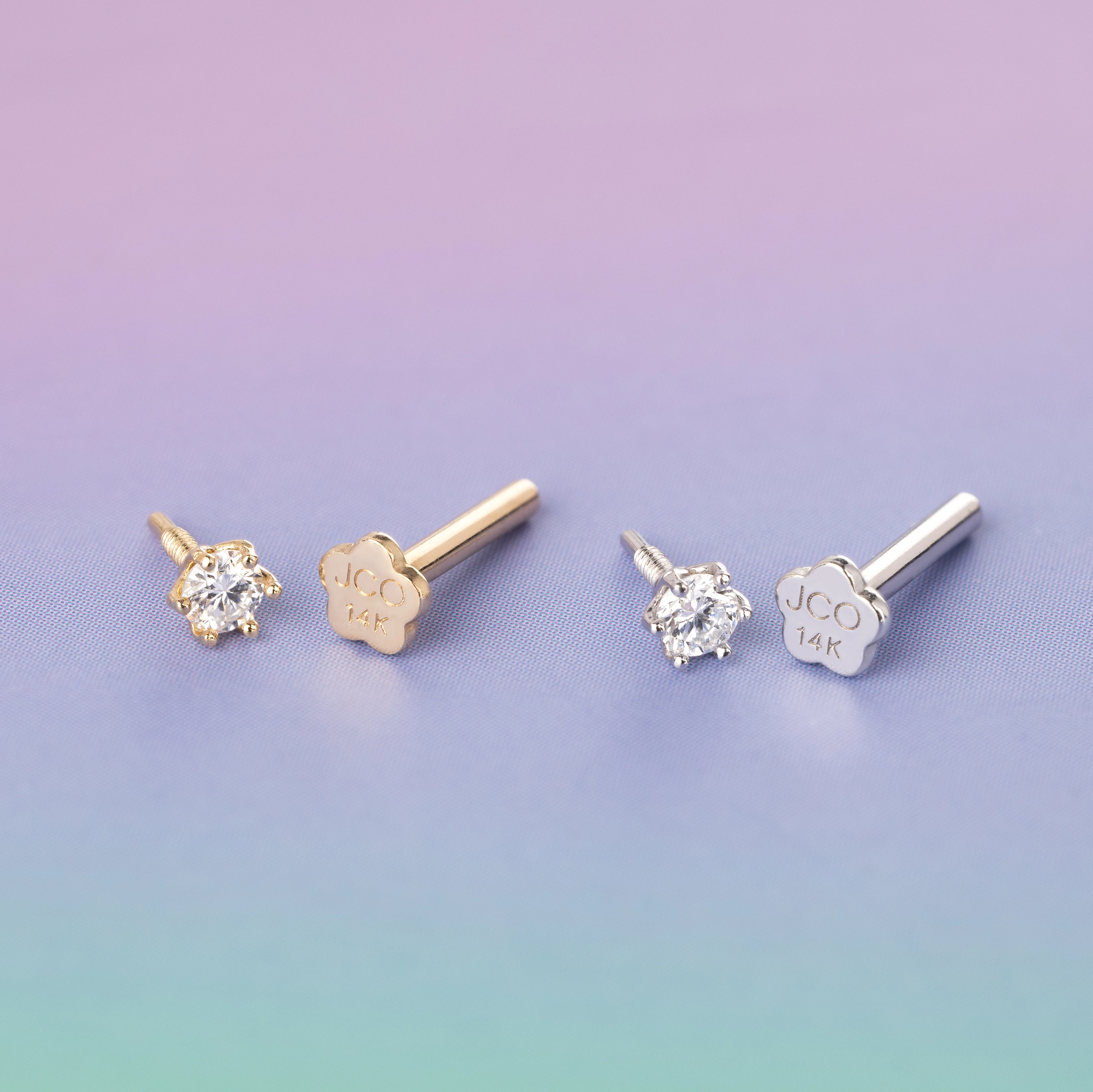 14K Solid Gold Baby Lab Diamond Flower Prong Flatback Earring